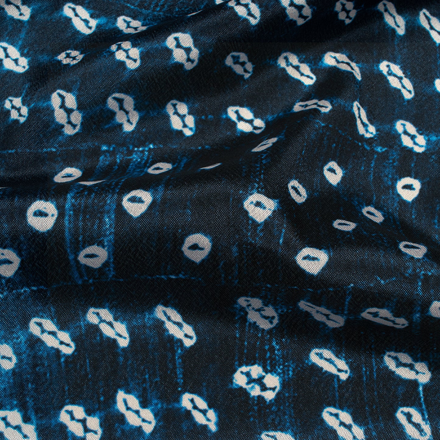 Navy Blue And White Bandhanii Pattern Digital Print Crepe Silk Fabric
