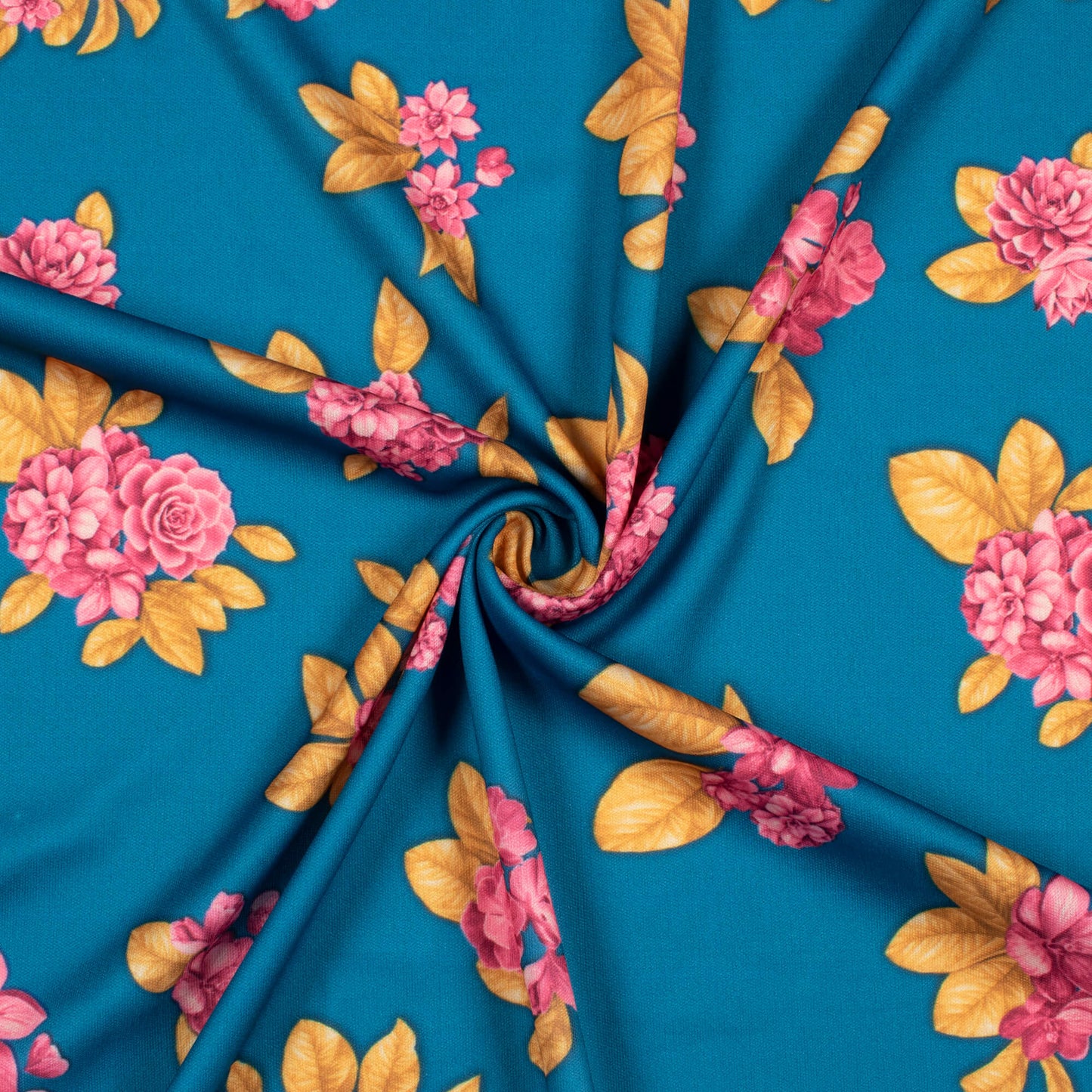 Teal Blue And Hippie Pink Floral Pattern Digital Print Lycra Fabric (Width 58 Inches)