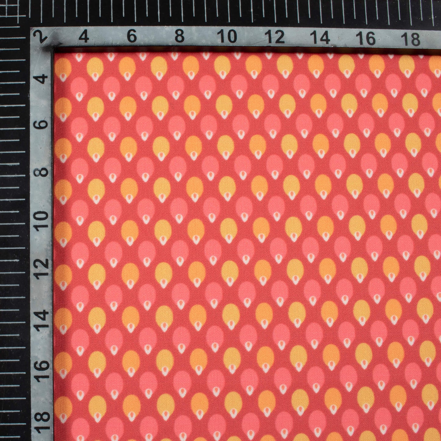 Blush Red And Mellow Yellow Geometric Pattern Digital Print Lycra Fabric (Width 58 Inches)