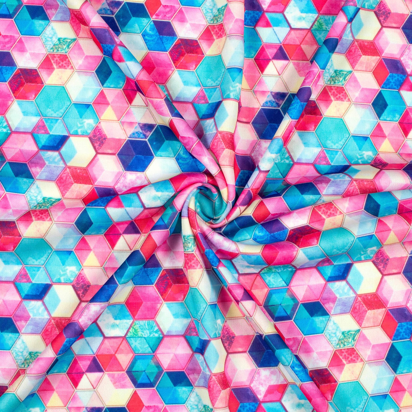 Sky Blue And Taffy Pink Geometric Pattern Digital Print Lycra Fabric (Width 58 Inches)