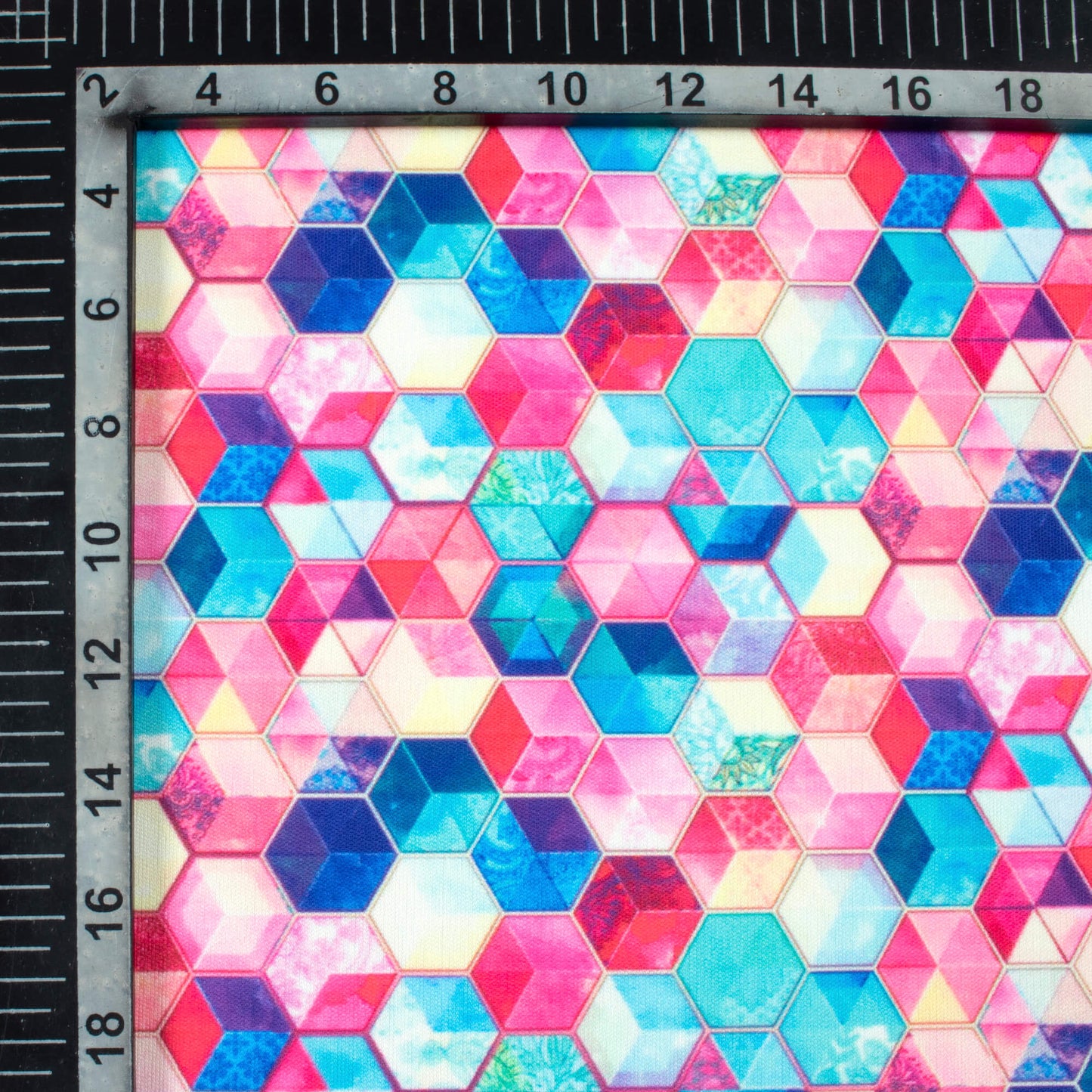 Sky Blue And Taffy Pink Geometric Pattern Digital Print Lycra Fabric (Width 58 Inches)