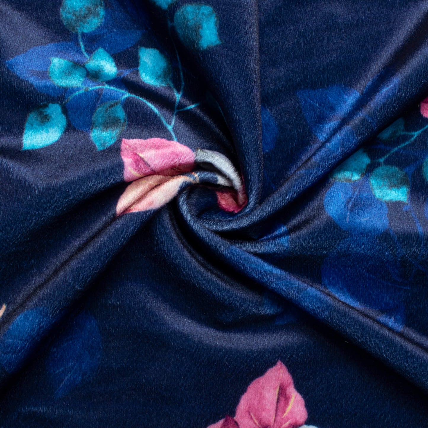 Space Blue And Rouge Pink Leaf Pattern Digital Print Velvet Fabric (Width 58 Inches)