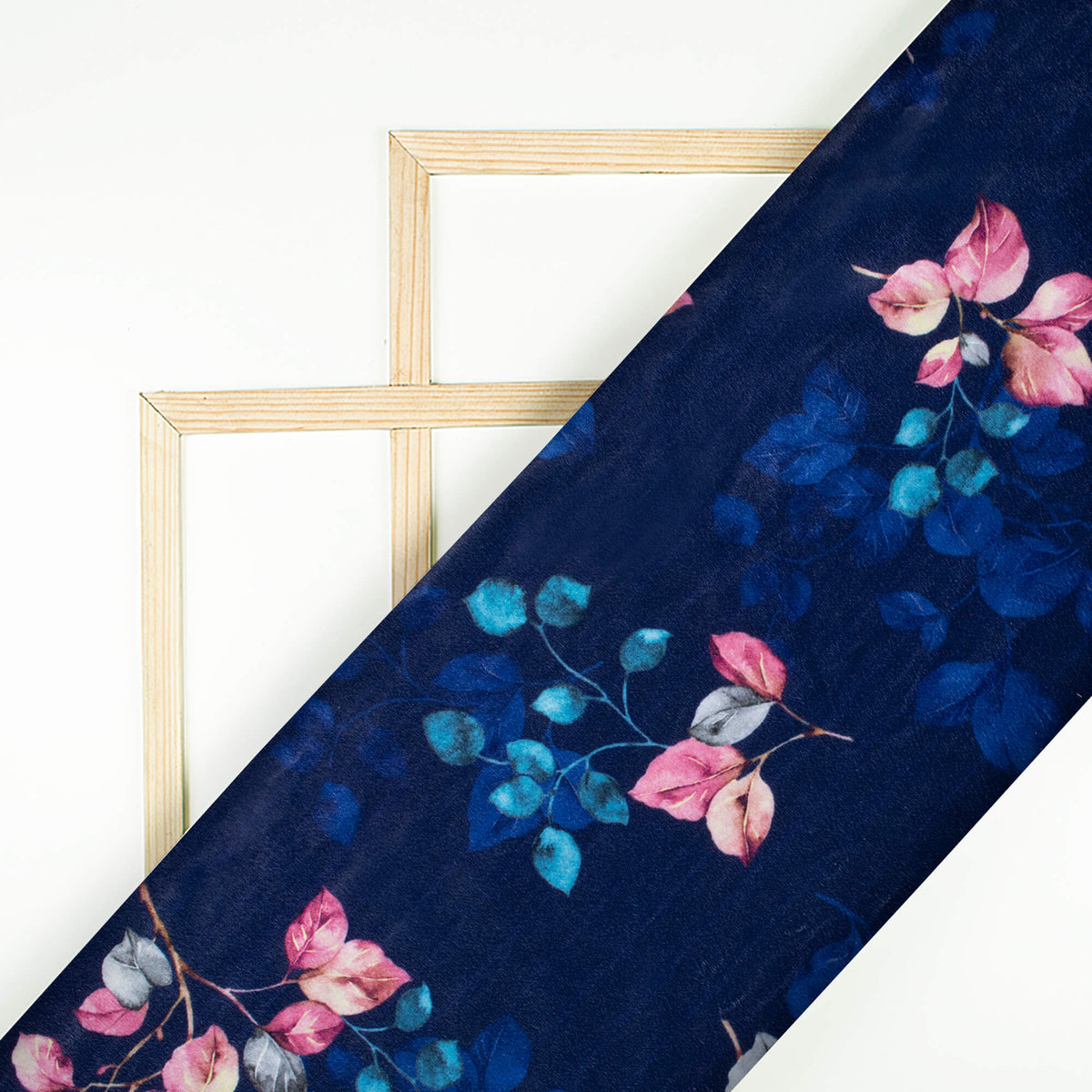 Space Blue And Rouge Pink Leaf Pattern Digital Print Velvet Fabric (Width 58 Inches)