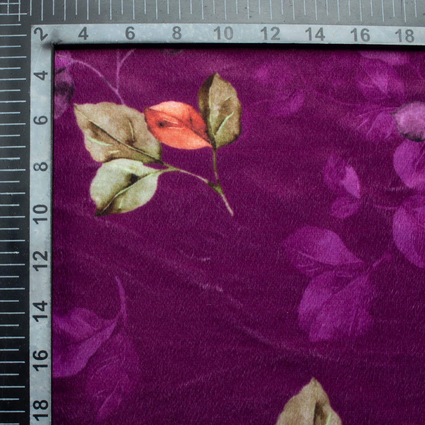 Plum Purple And Moss Green Leaf Pattern Digital Print Velvet Fabric (Width 58 Inches)