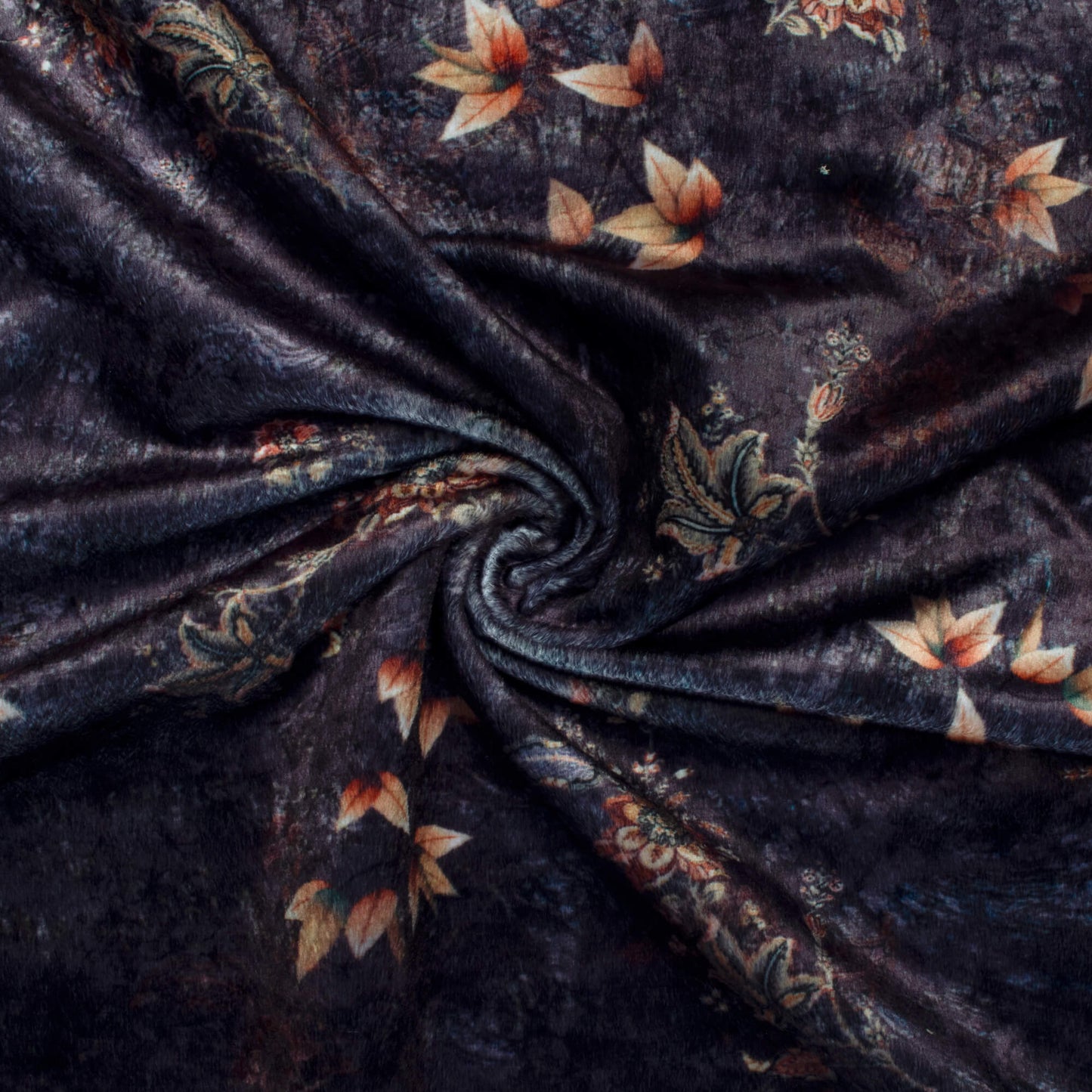 Dark Grey And Peach Floral Pattern Digital Print Velvet Fabric (Width 58 Inches)