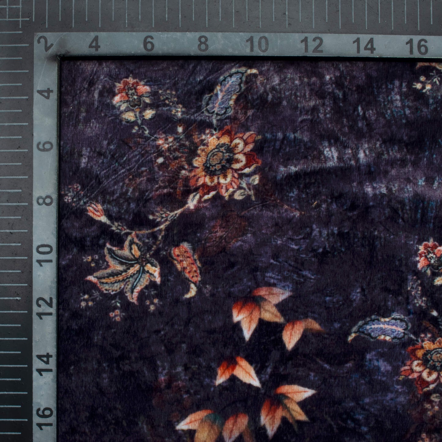 Dark Grey And Peach Floral Pattern Digital Print Velvet Fabric (Width 58 Inches)