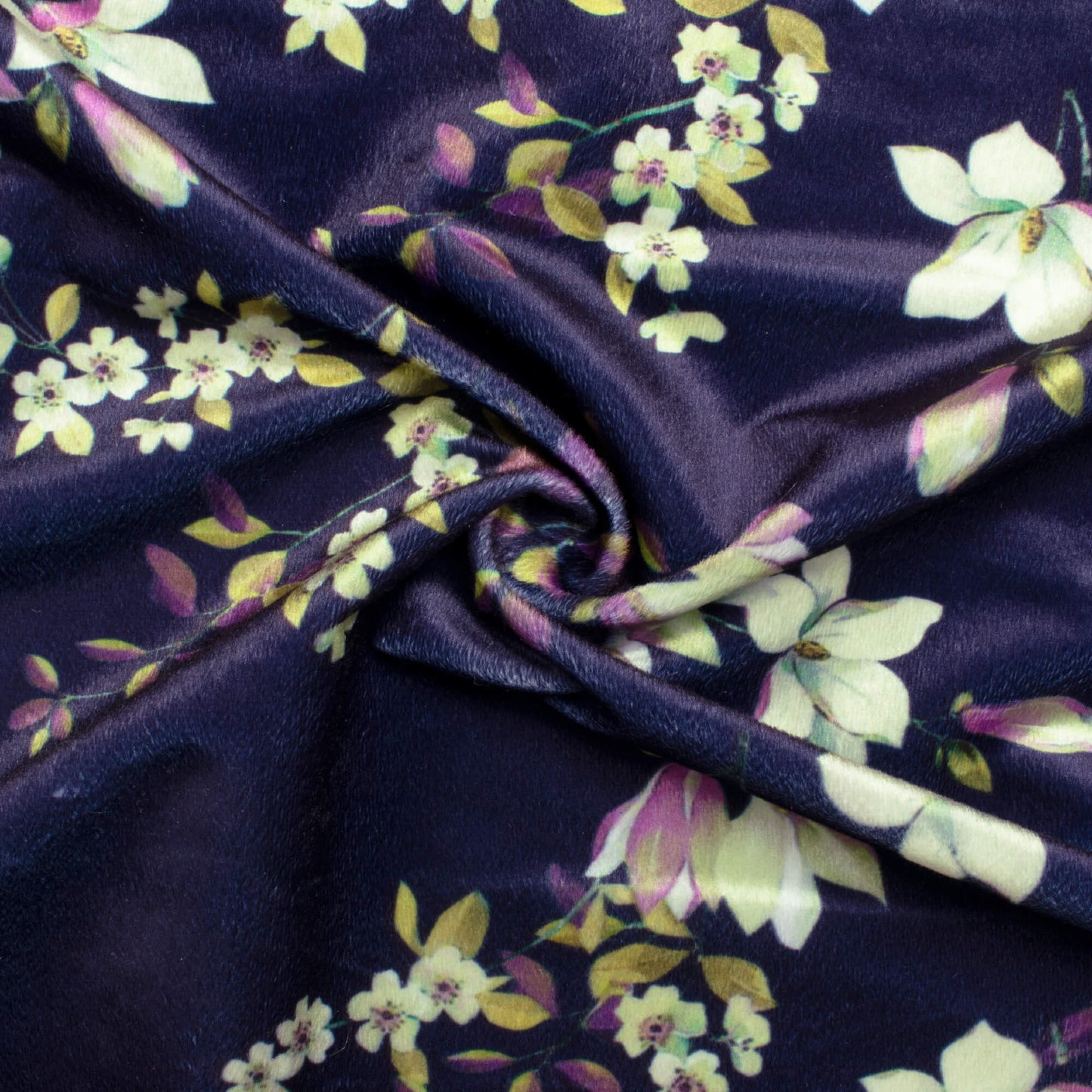 Deep Violet Purple And Cream Floral Pattern Digital Print Velvet Fabric (Width 54 Inches)