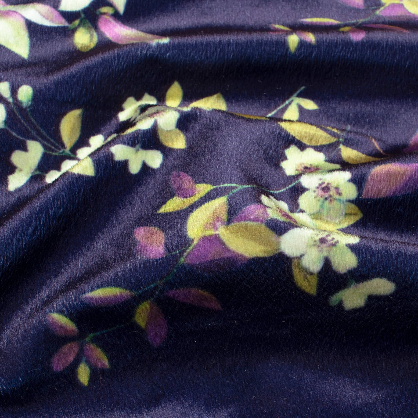Deep Violet Purple And Cream Floral Pattern Digital Print Velvet Fabric (Width 58 Inches)