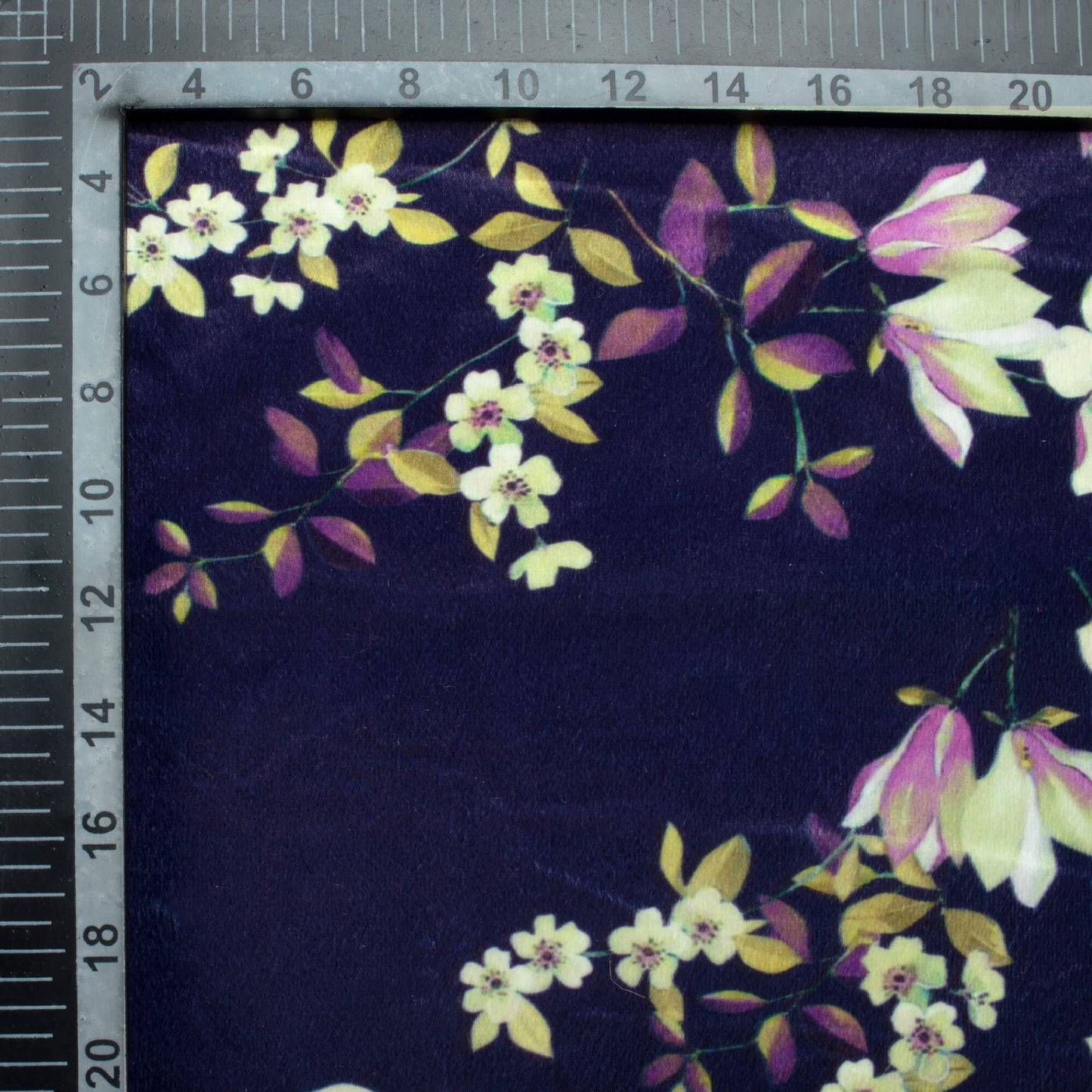 Deep Violet Purple And Cream Floral Pattern Digital Print Velvet Fabric (Width 54 Inches)