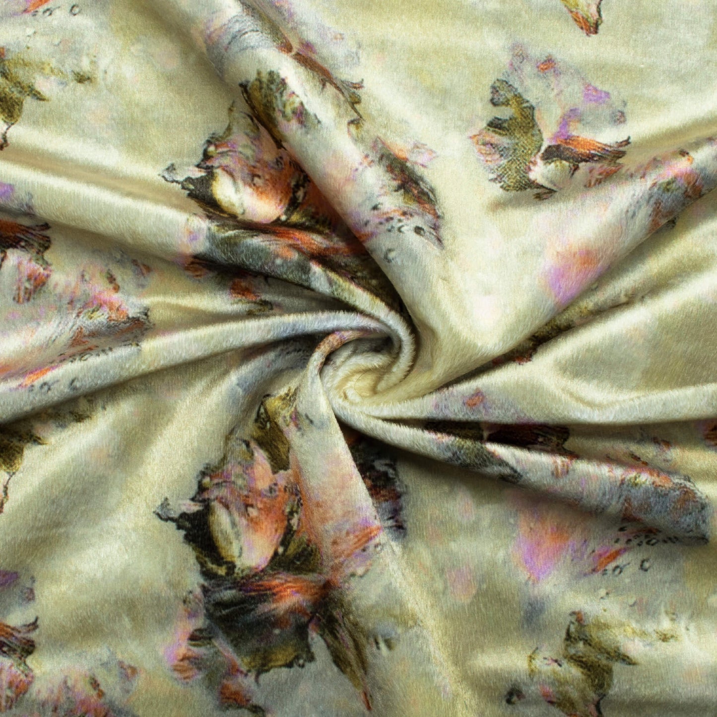 Sage Green And Peach Abstract Pattern Digital Print Velvet Fabric (Width 58 Inches)