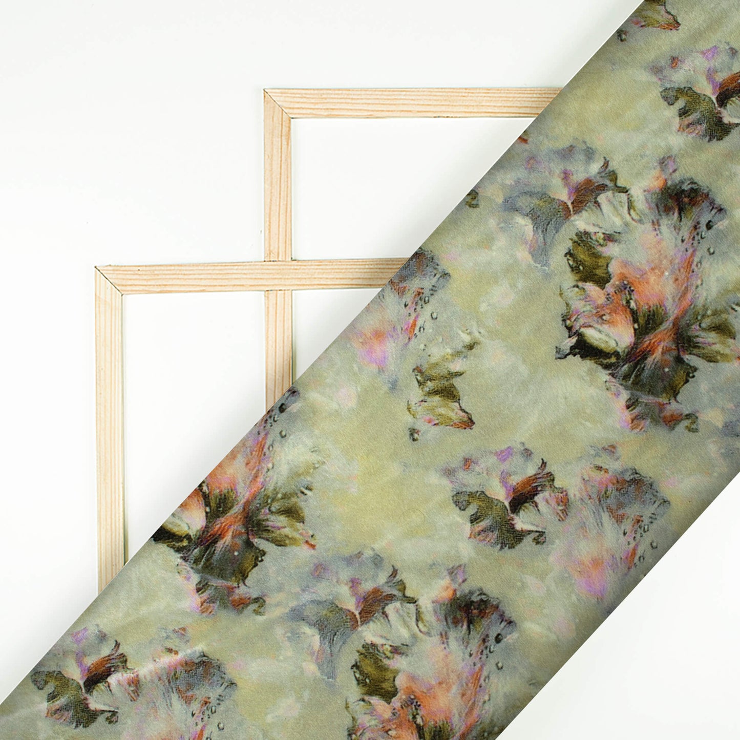 Sage Green And Peach Abstract Pattern Digital Print Velvet Fabric (Width 58 Inches)