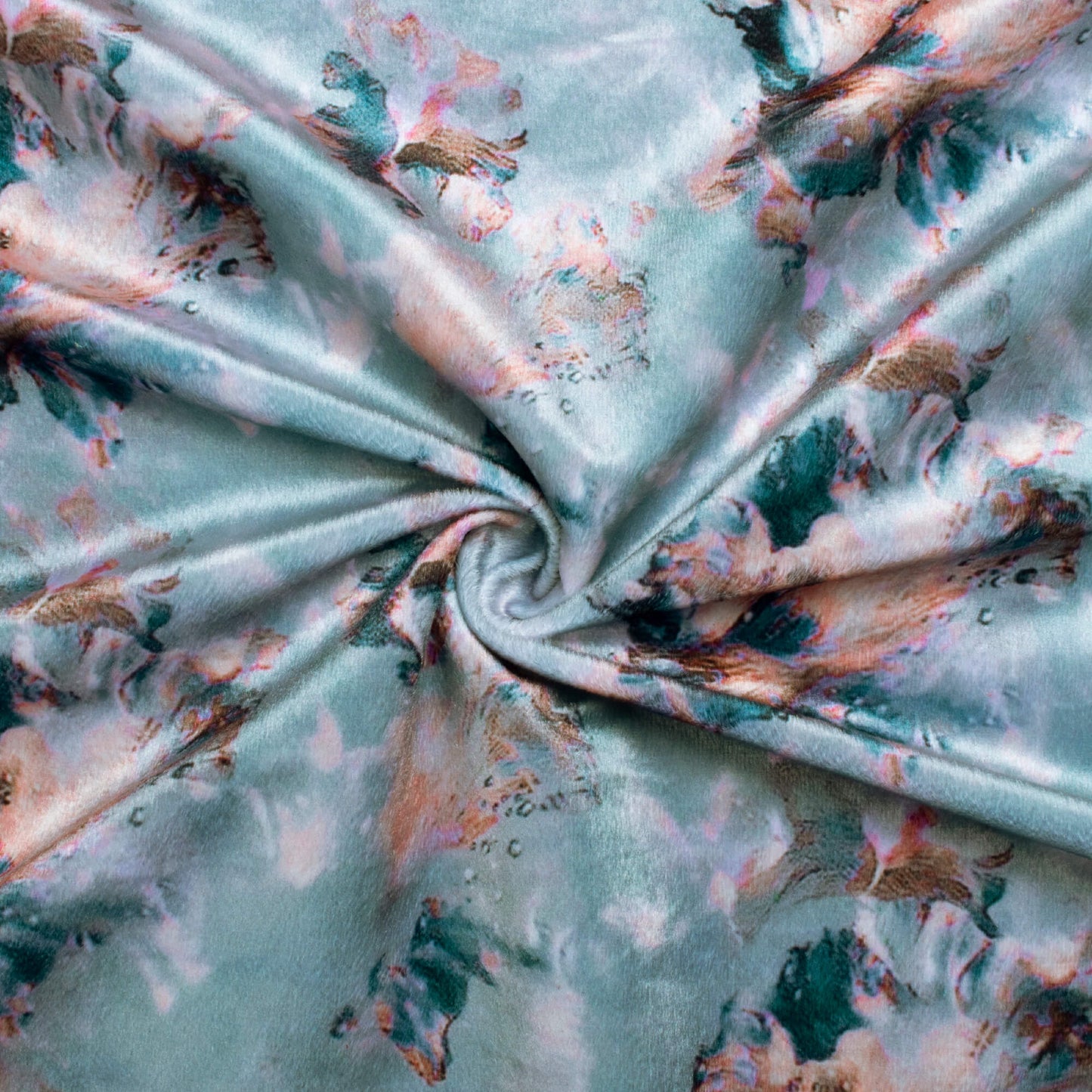 Powder Blue And Peach Abstract Pattern Digital Print Velvet Fabric (Width 58 Inches)