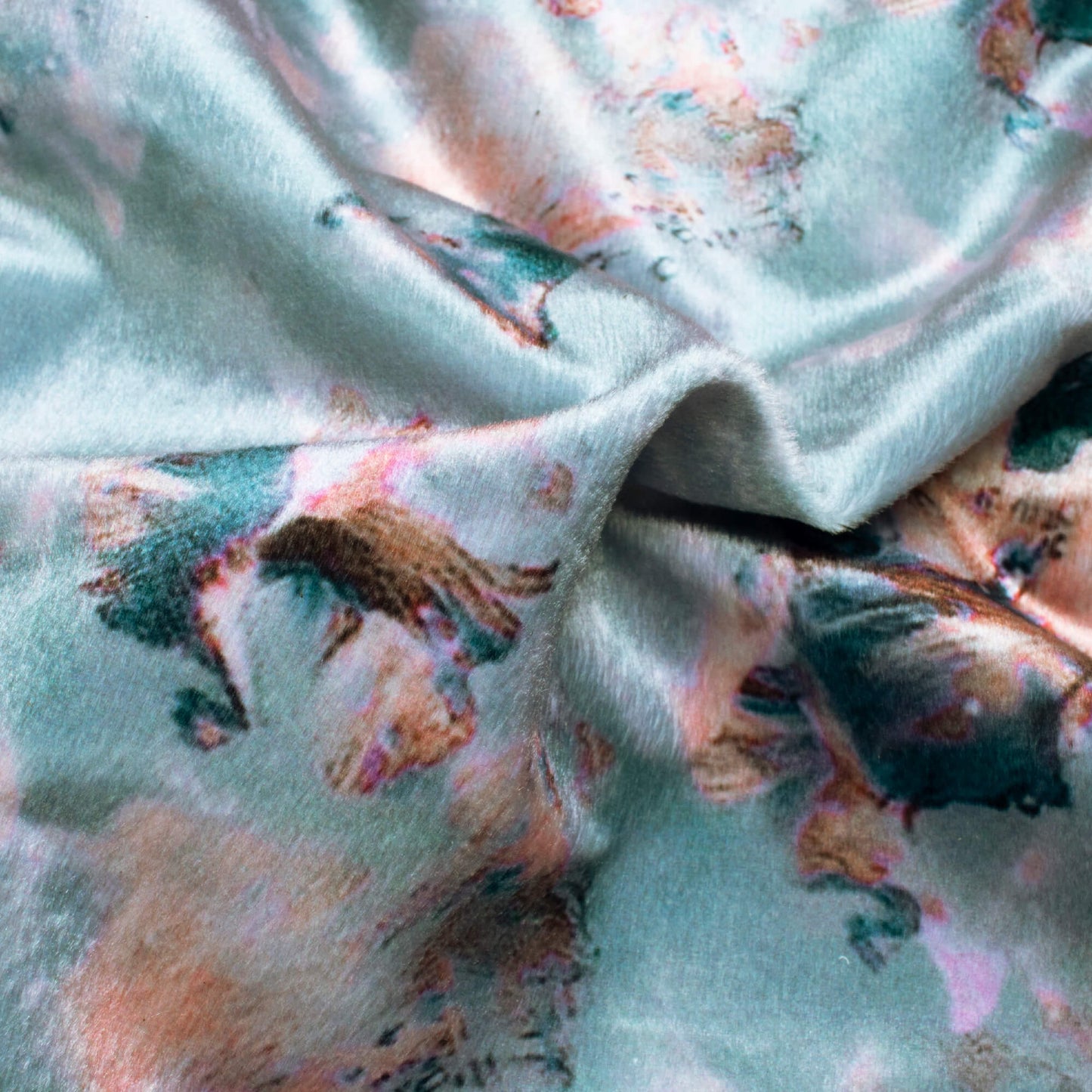 Powder Blue And Peach Abstract Pattern Digital Print Velvet Fabric (Width 58 Inches)