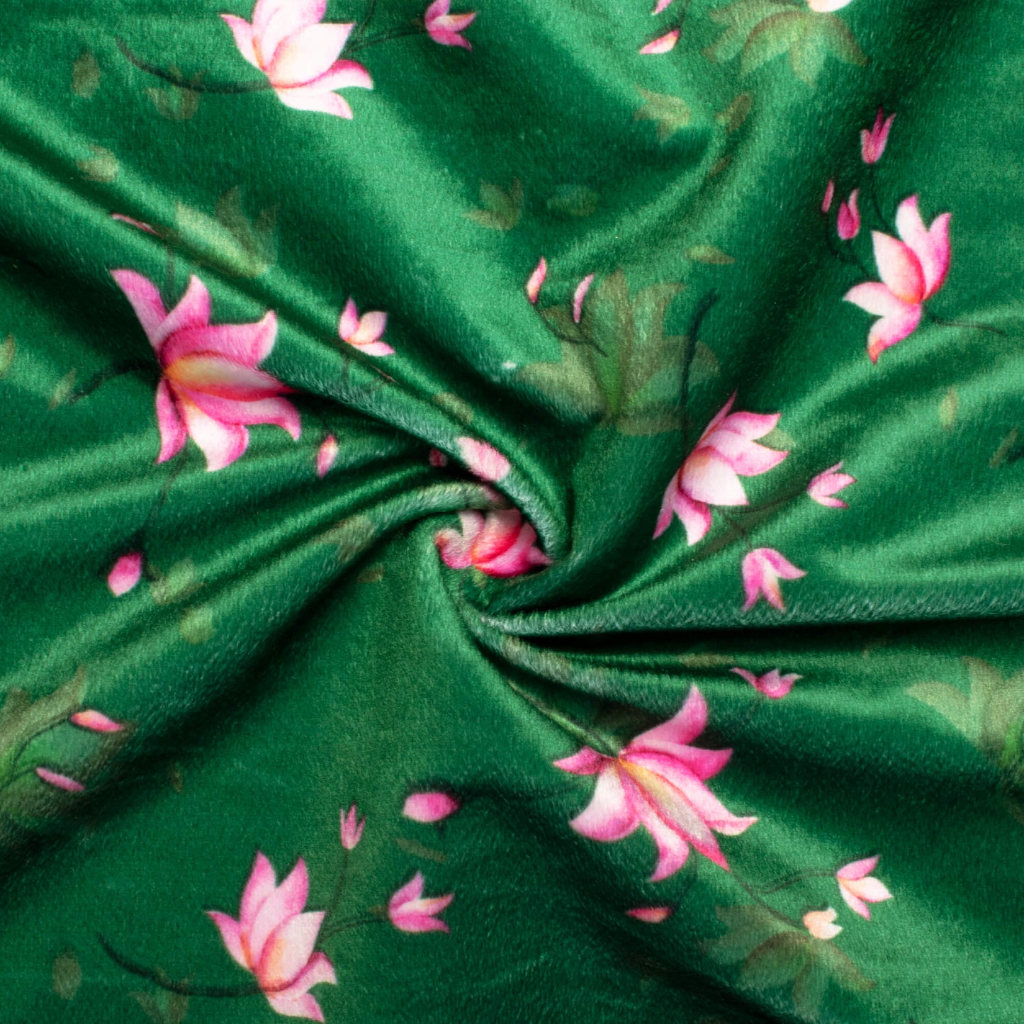 Forest Green And Rose Pink Floral Pattern Digital Print Velvet Fabric (Width 58 Inches)