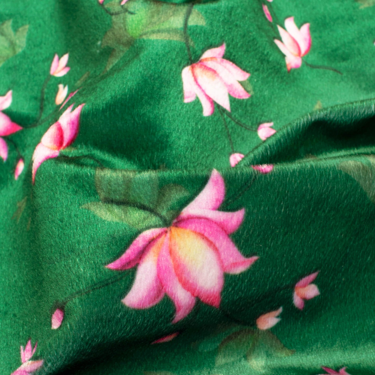 Forest Green And Rose Pink Floral Pattern Digital Print Velvet Fabric (Width 58 Inches)