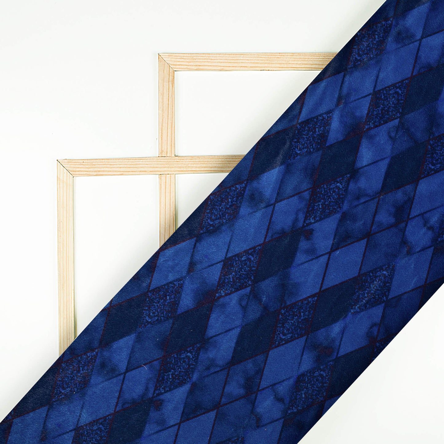 Admiral Blue Checks Pattern Digital Print Velvet Fabric (Width 58 Inches)