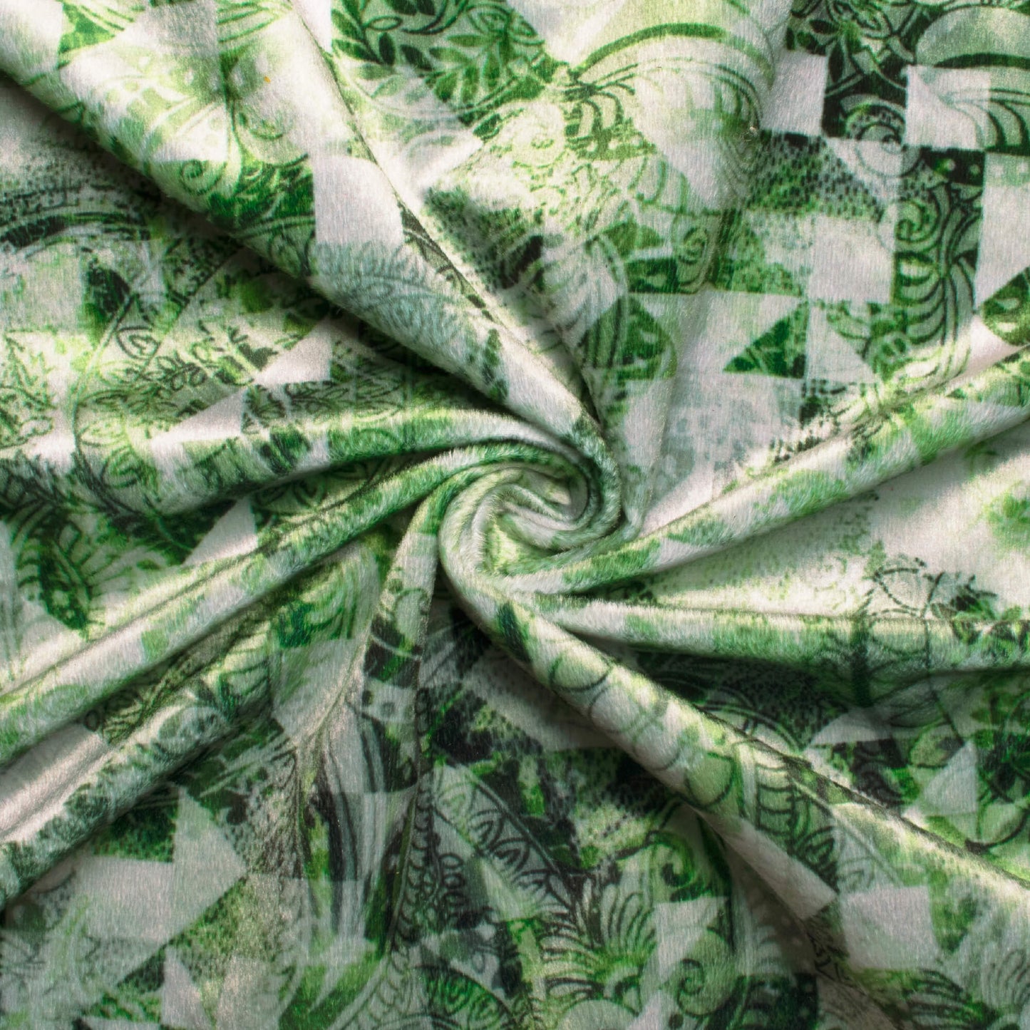 Emerald Green And Off White Geometric Pattern Digital Print Velvet Fabric (Width 58 Inches)