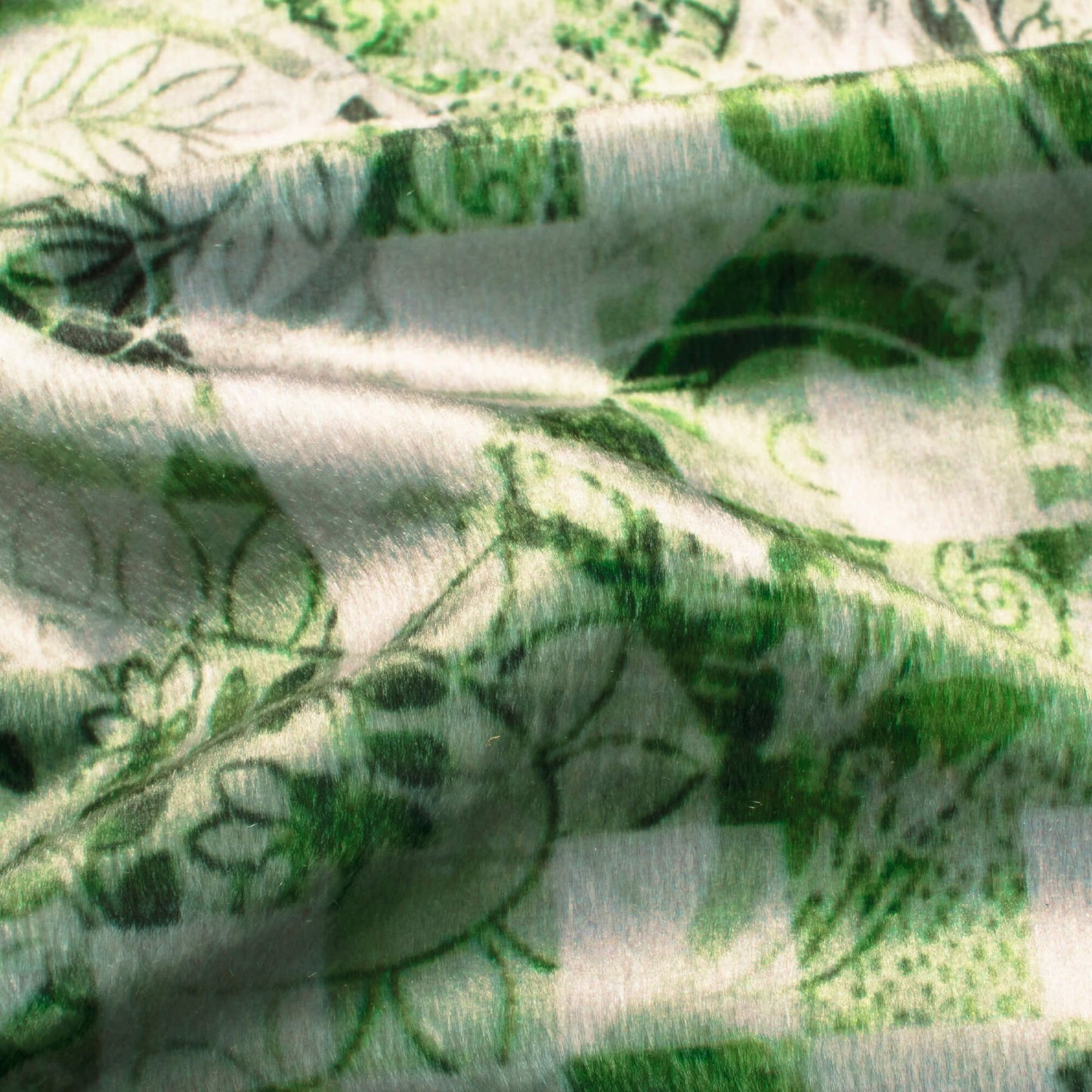 Emerald Green And Off White Geometric Pattern Digital Print Velvet Fabric (Width 58 Inches)