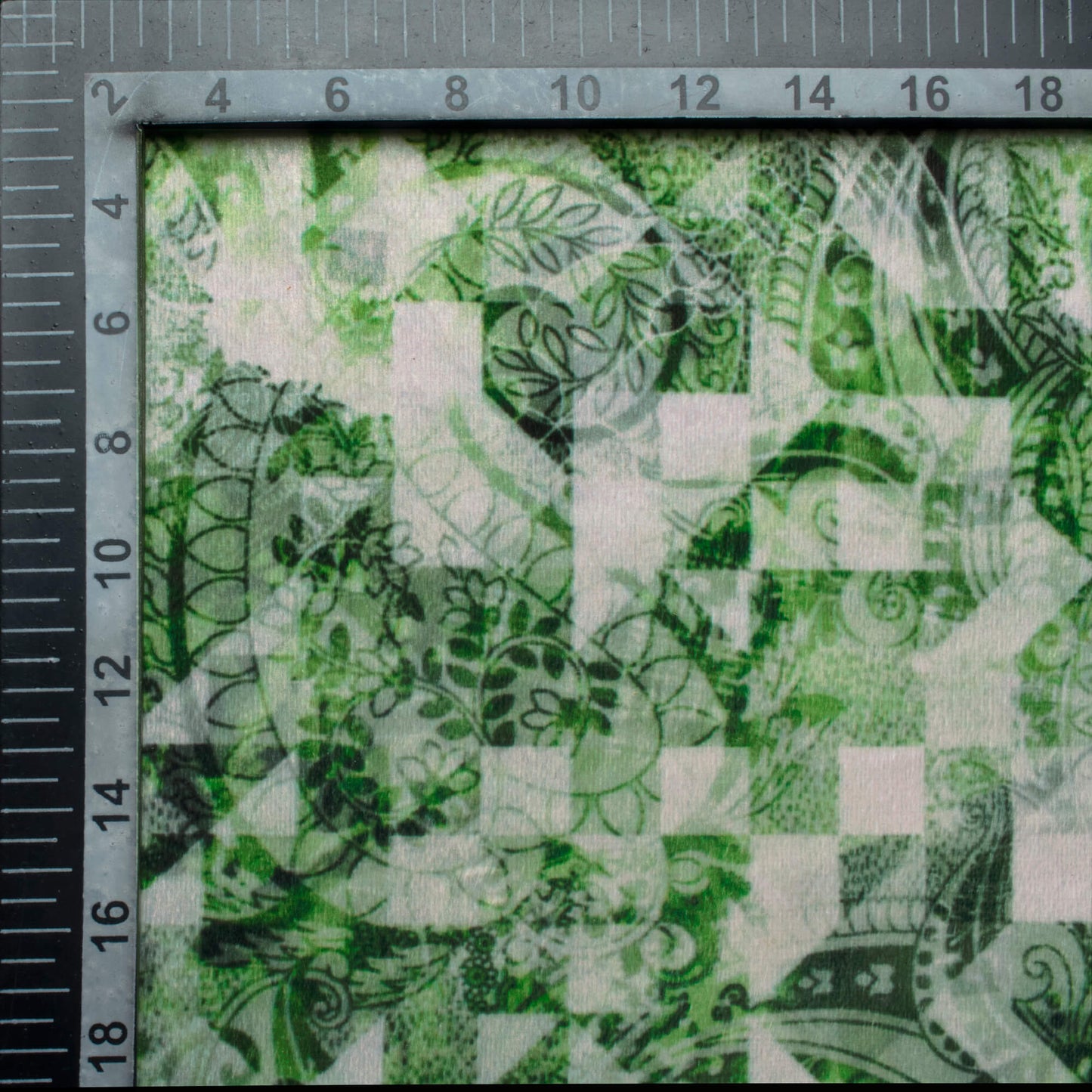 Emerald Green And Off White Geometric Pattern Digital Print Velvet Fabric (Width 58 Inches)