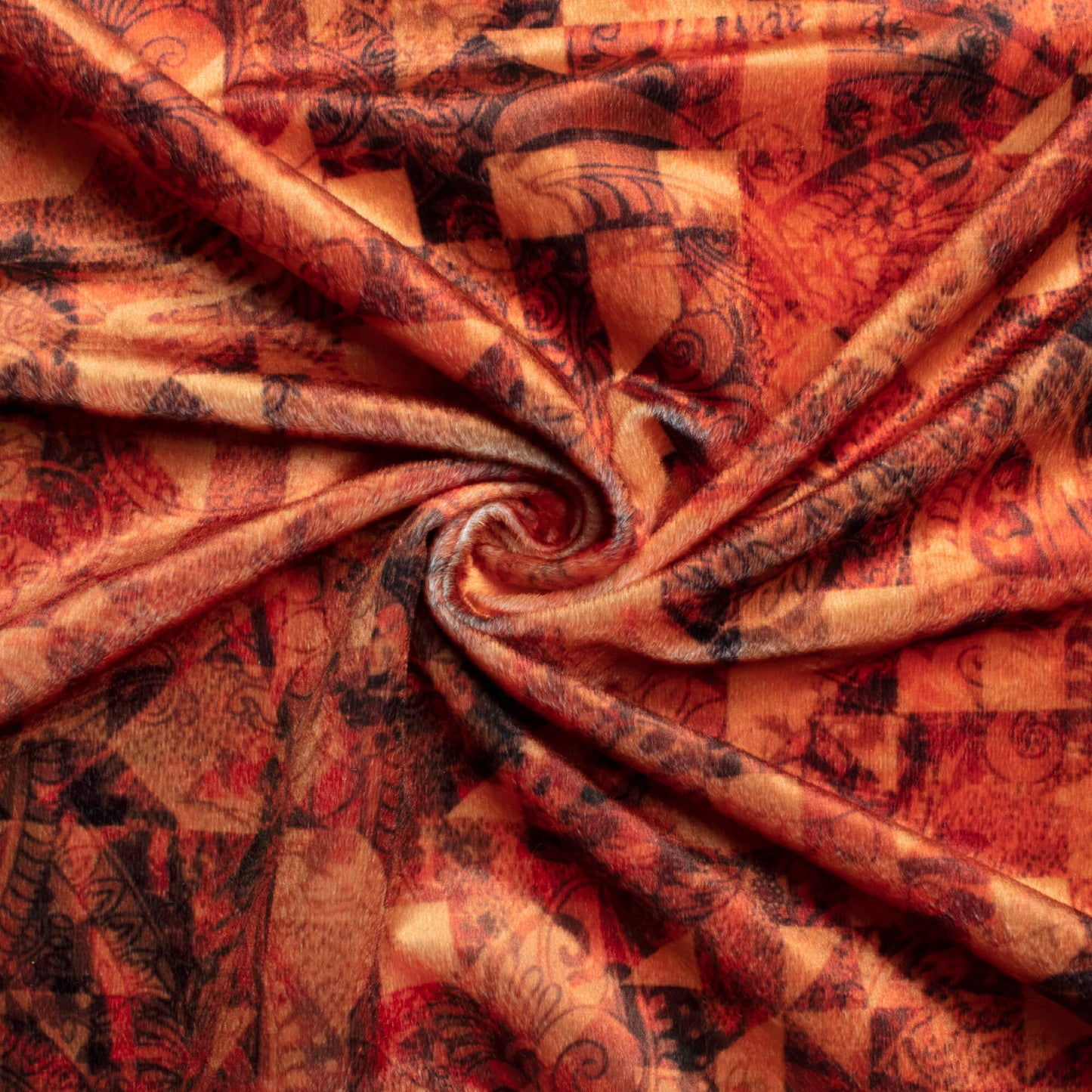 Vermillion Red And Black Geometric Pattern Digital Print Velvet Fabric (Width 58 Inches)