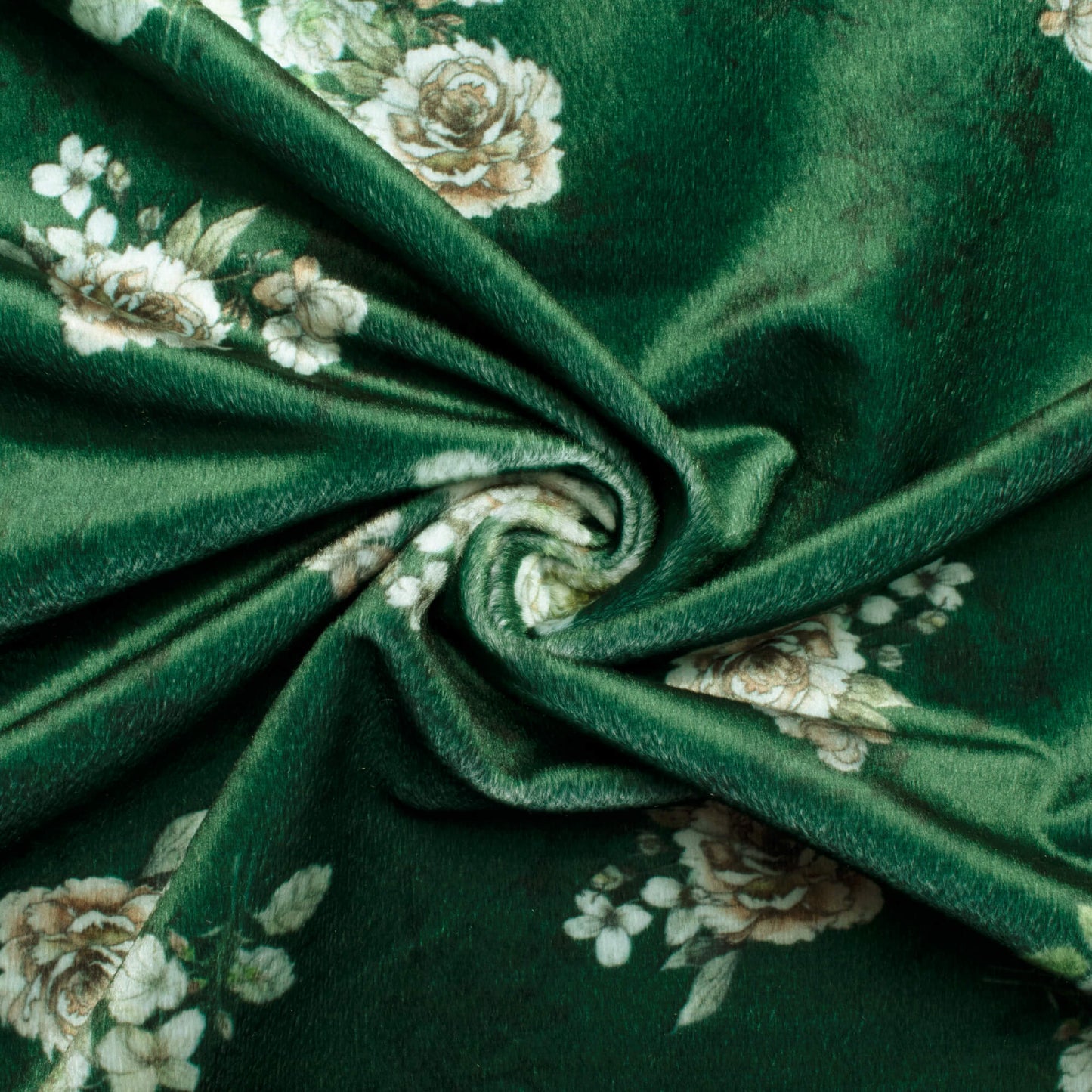 Bottle Green And Pearl White Floral Pattern Digital Print Velvet Fabric (Width 58 Inches)