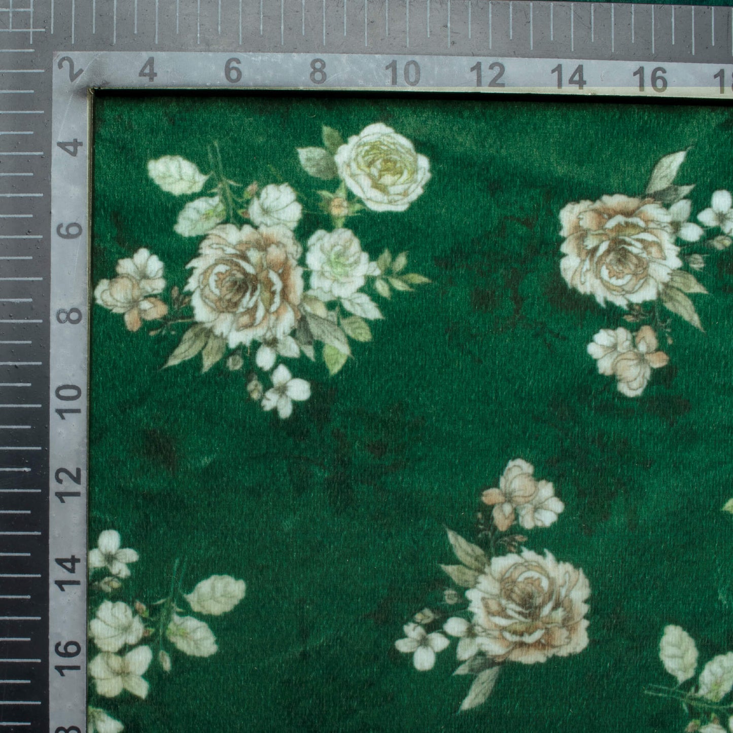 Bottle Green And Pearl White Floral Pattern Digital Print Velvet Fabric (Width 58 Inches)