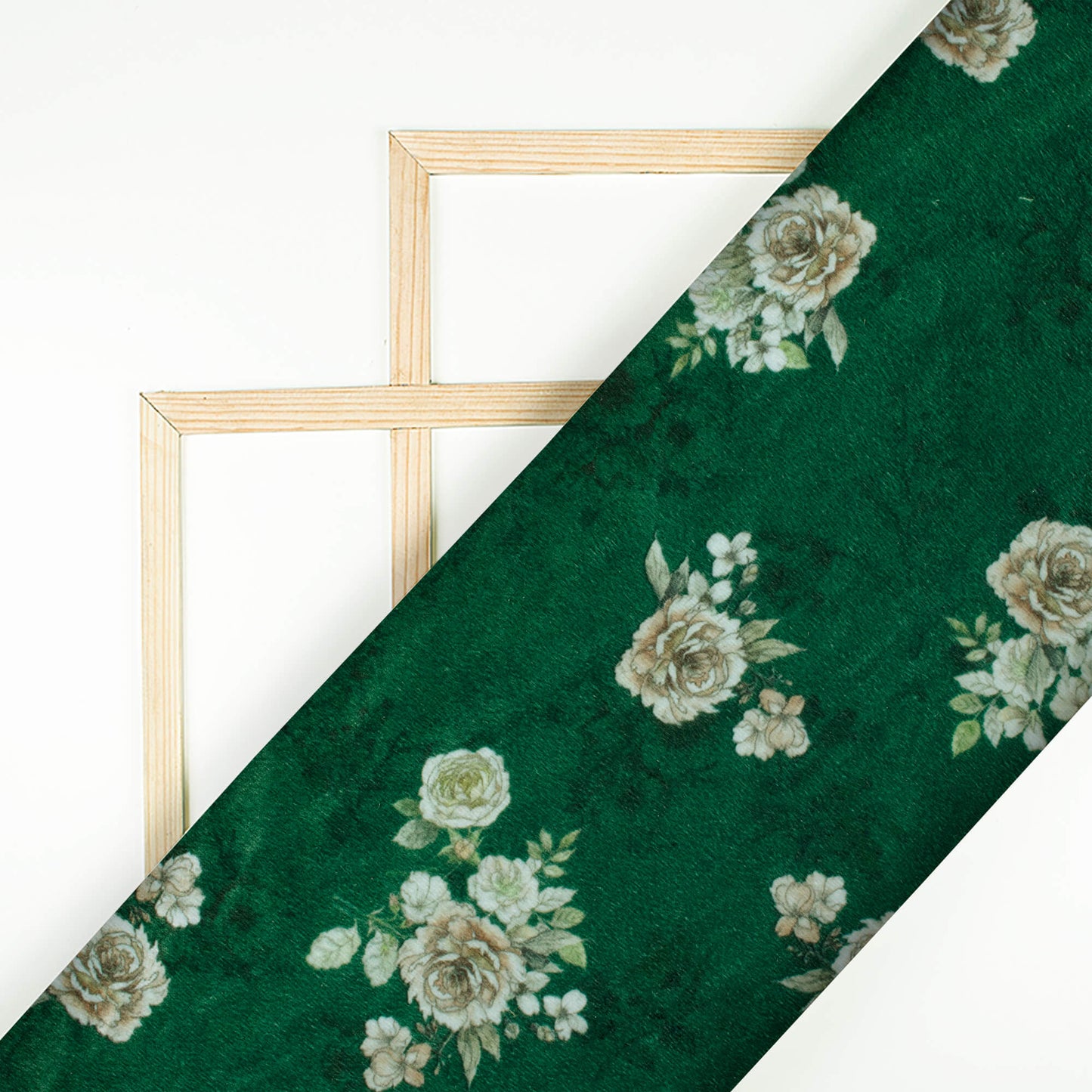 Bottle Green And Pearl White Floral Pattern Digital Print Velvet Fabric (Width 58 Inches)