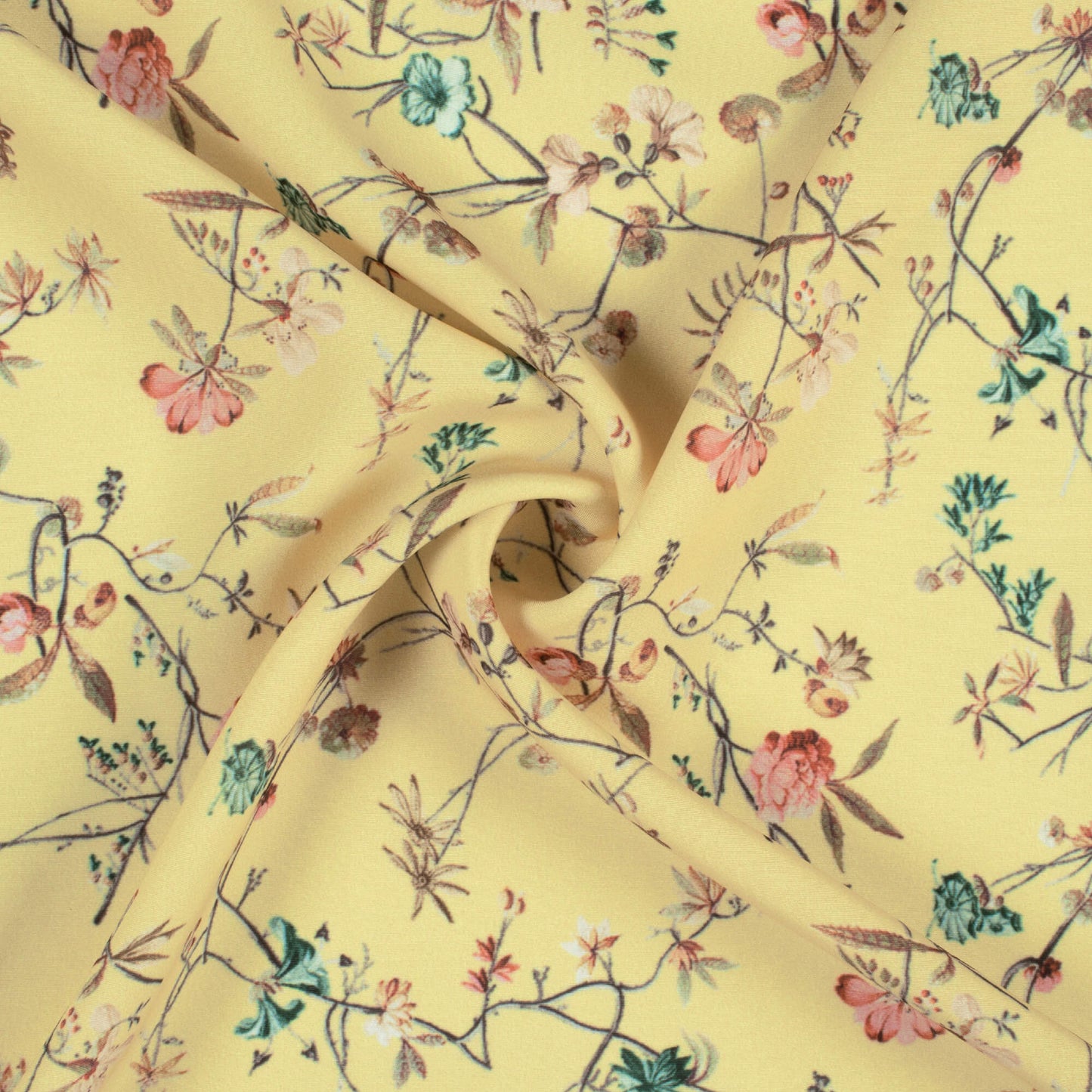 Laguna Yellow And Taffy Pink Floral Pattern Digital Print Royal BSY Crepe Fabric