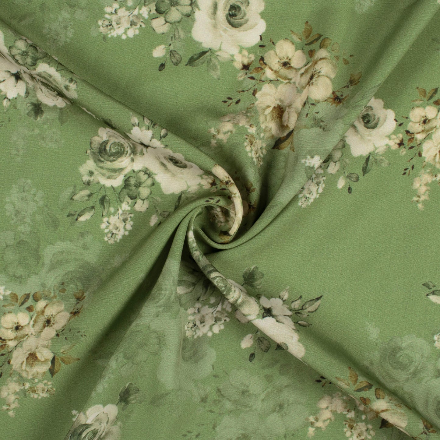 Fern Green And Off White Floral Pattern Digital Print Royal BSY Crepe Fabric