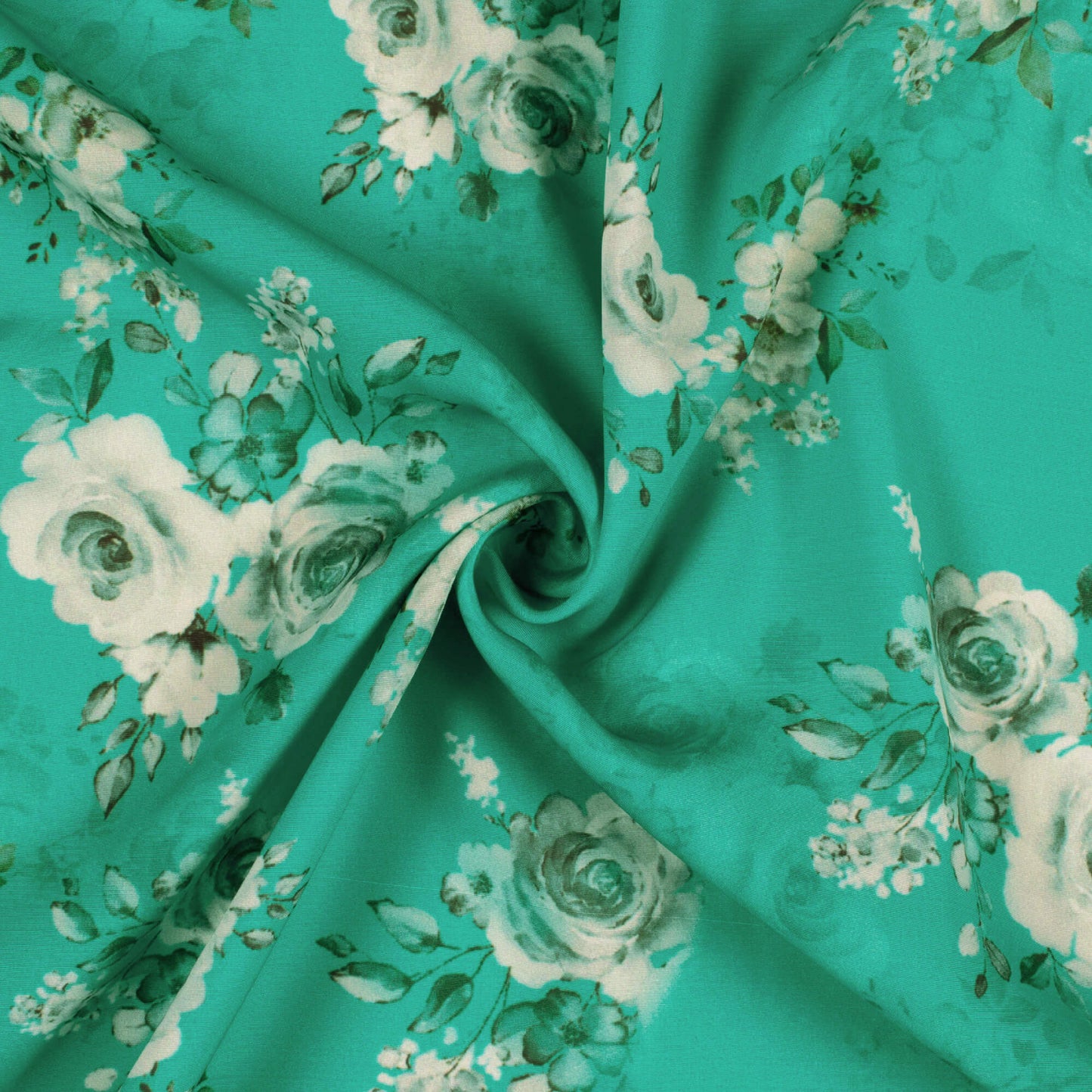 Aqua Blue And Snow White Floral Pattern Digital Print Royal BSY Crepe Fabric