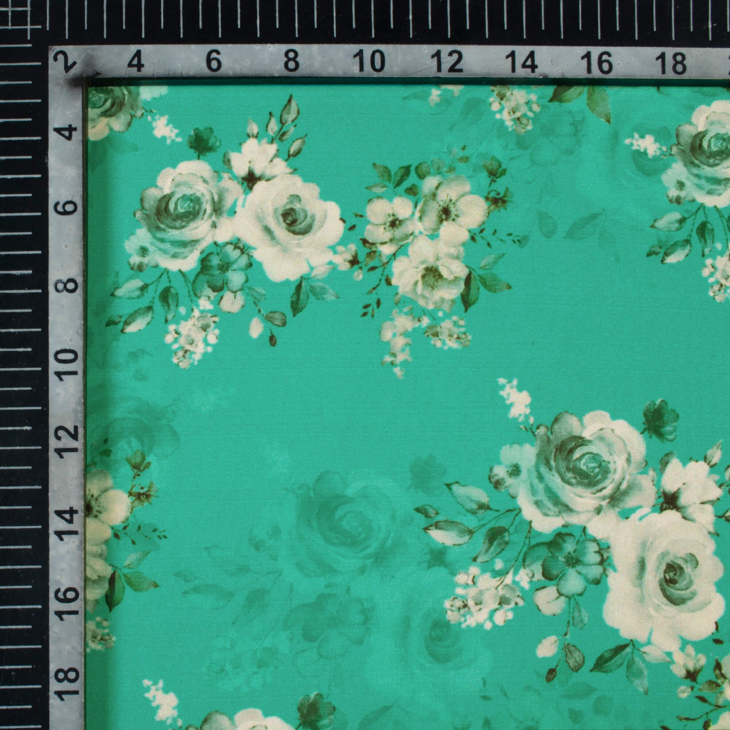 Aqua Blue And Snow White Floral Pattern Digital Print Royal BSY Crepe Fabric