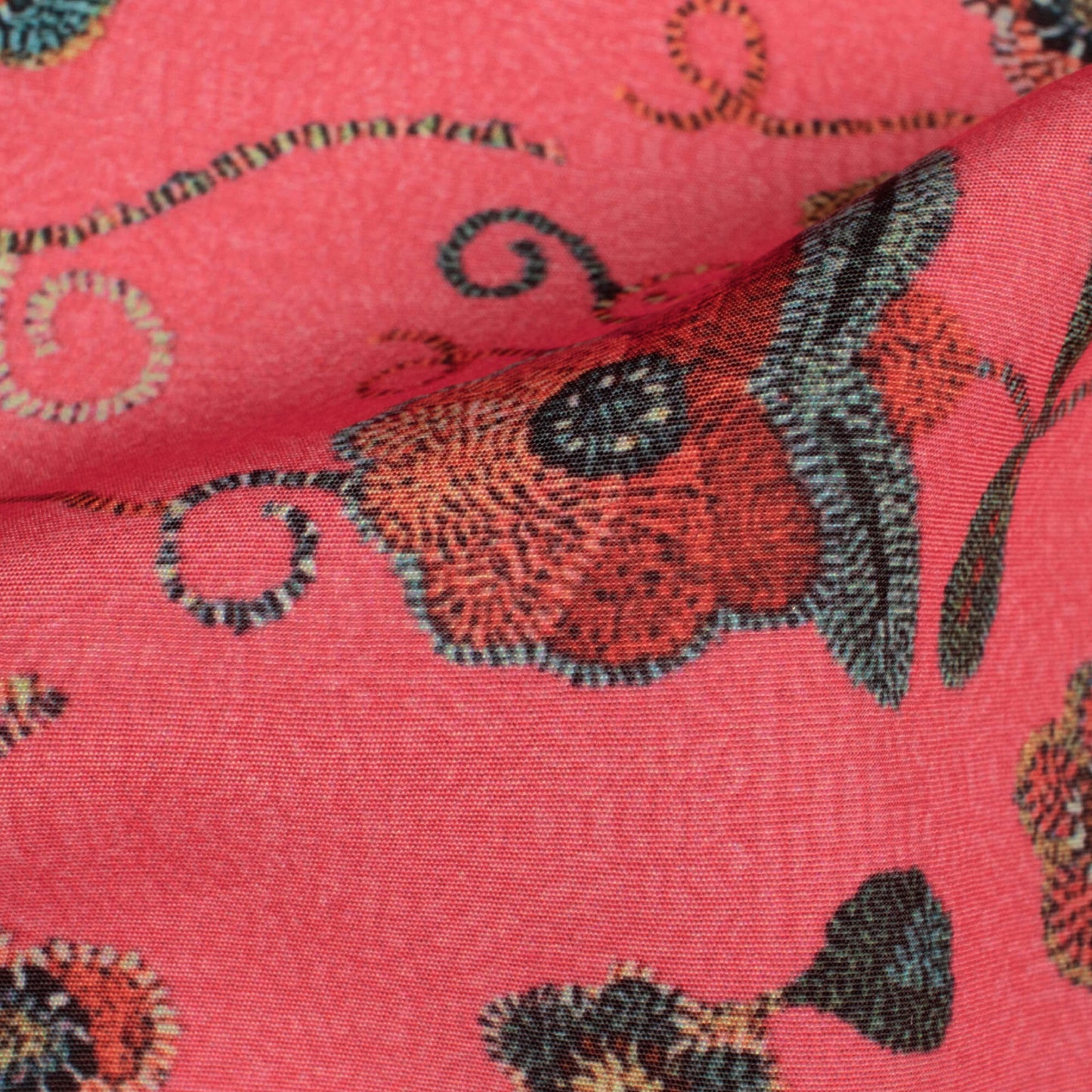 Punch Pink And Pine Green Floral Pattern Digital Print Royal BSY Crepe Fabric