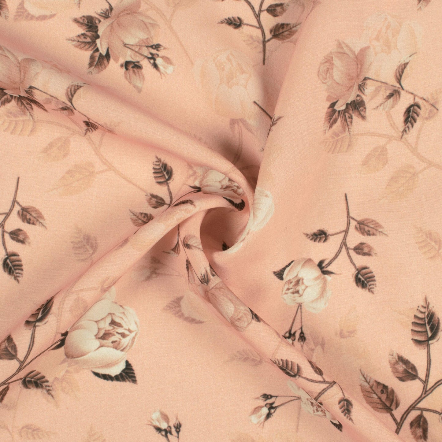 Peach And Off White Floral Pattern Digital Print Royal BSY Crepe Fabric