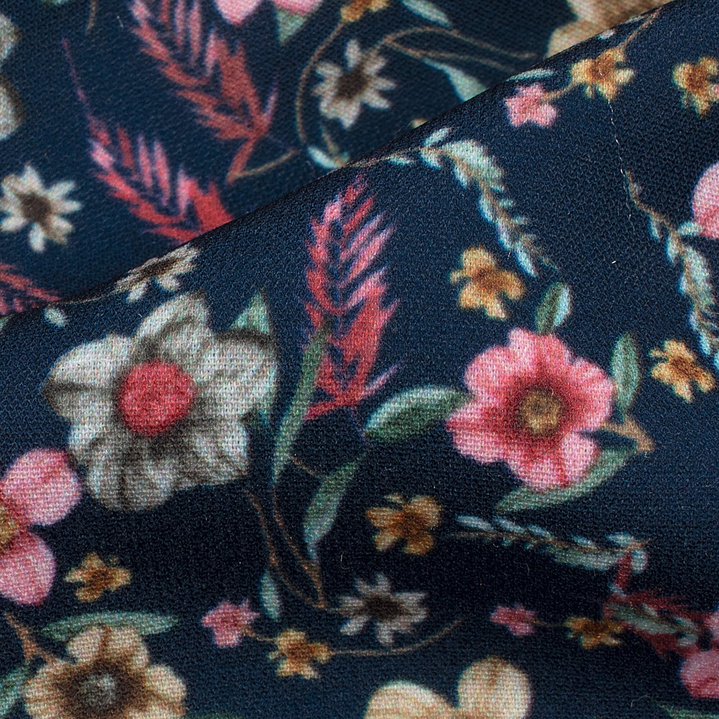 Dark Blue And Taffy Pink Floral Pattern Digital Print BSY Crepe Fabric