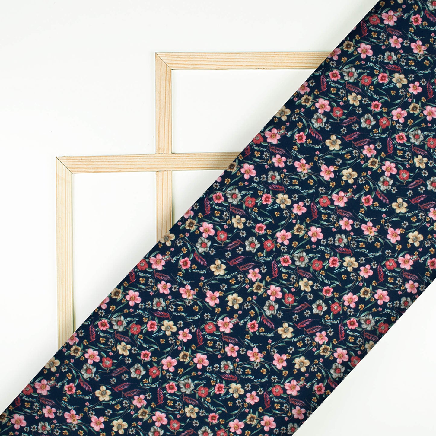 Dark Blue And Taffy Pink Floral Pattern Digital Print BSY Crepe Fabric