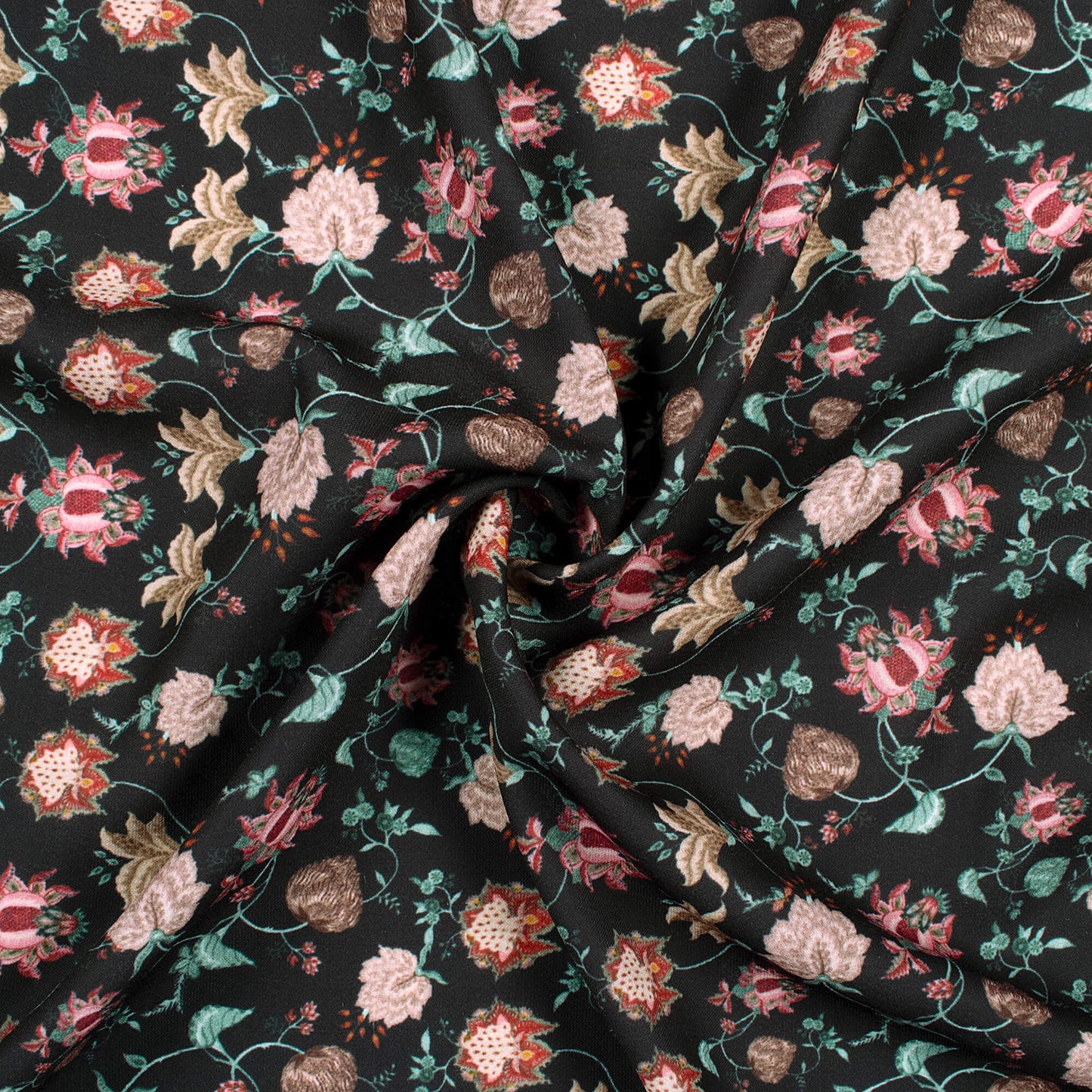 Black And Pink Floral Pattern Digital Print BSY Crepe Fabric