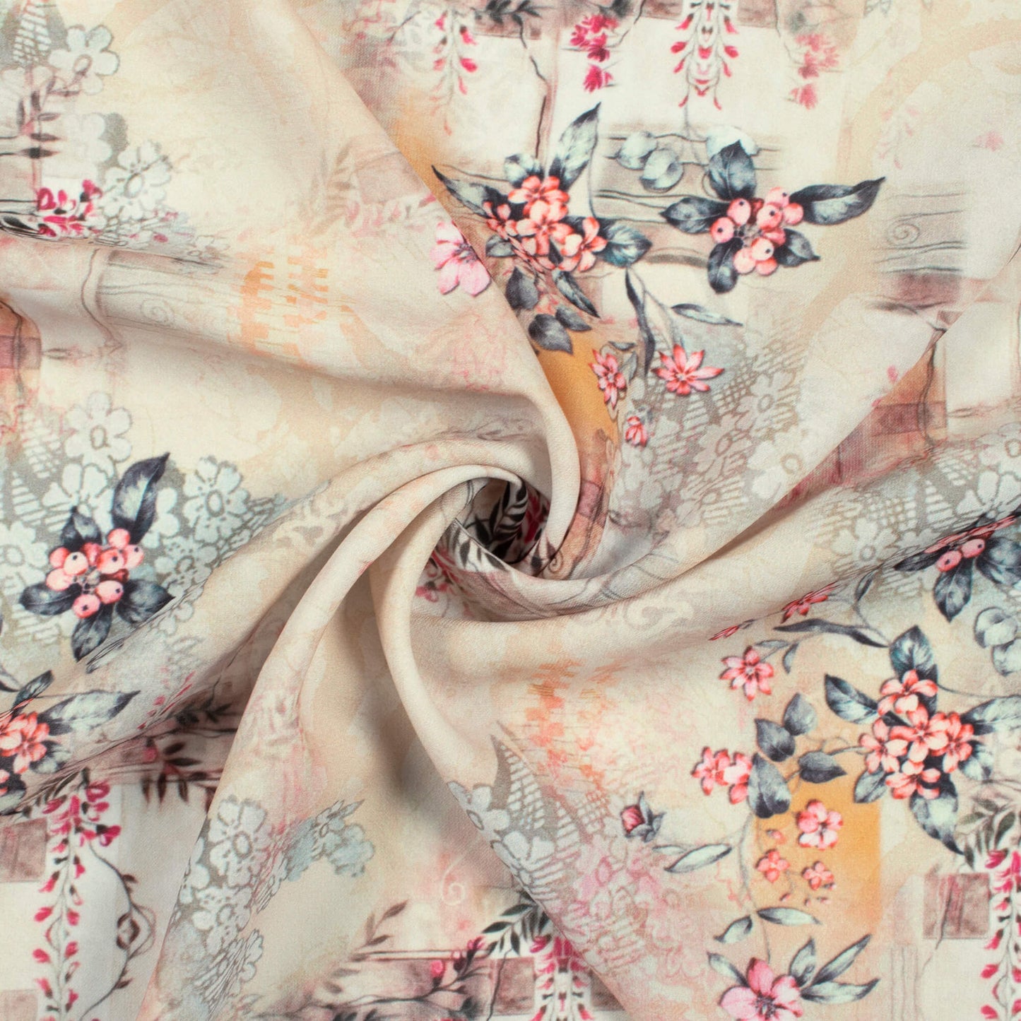 Beige And Pink Floral Pattern Digital Print BSY Crepe Fabric