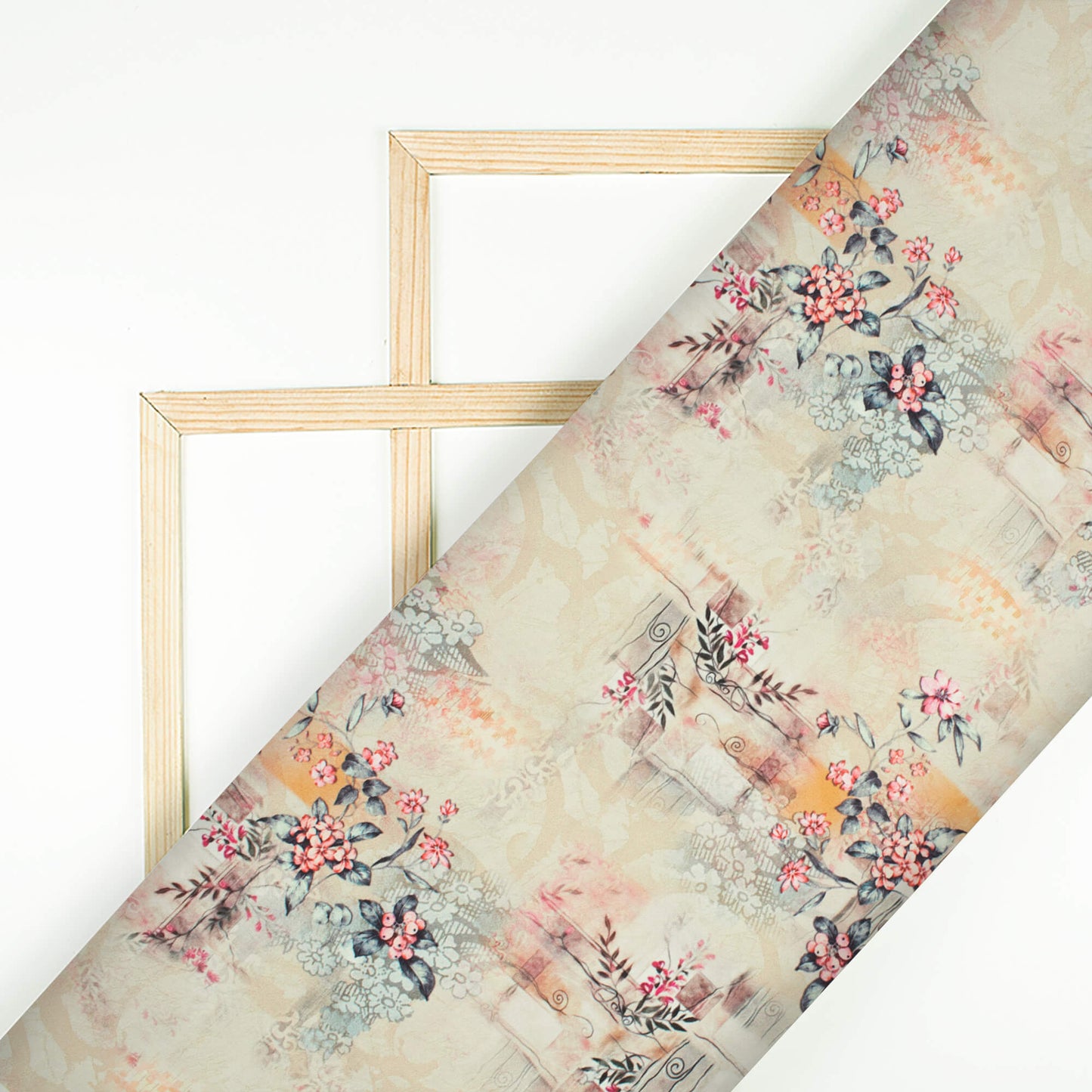 Beige And Pink Floral Pattern Digital Print BSY Crepe Fabric