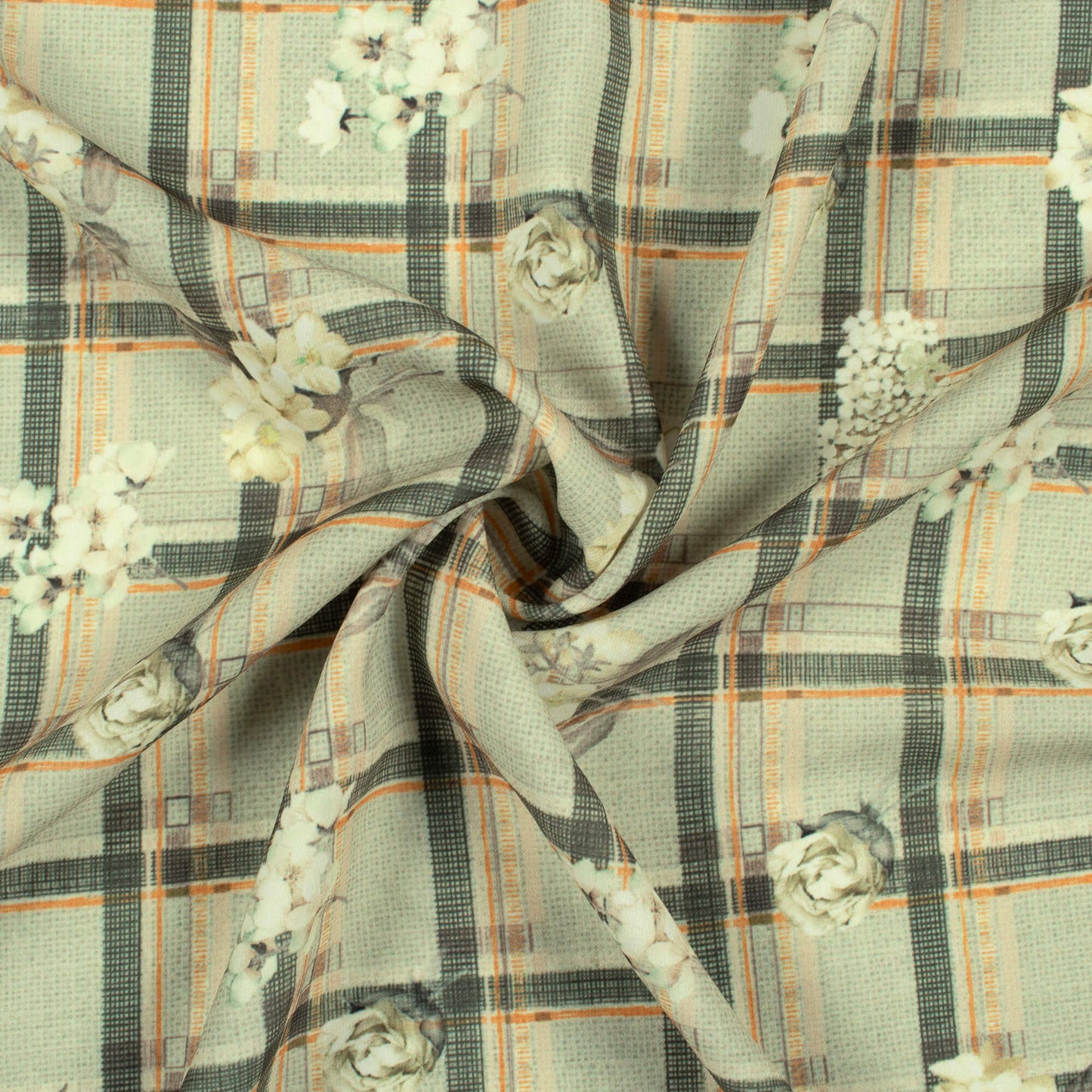 Sage Green And Cream Checks Pattern Digital Print BSY Crepe Fabric