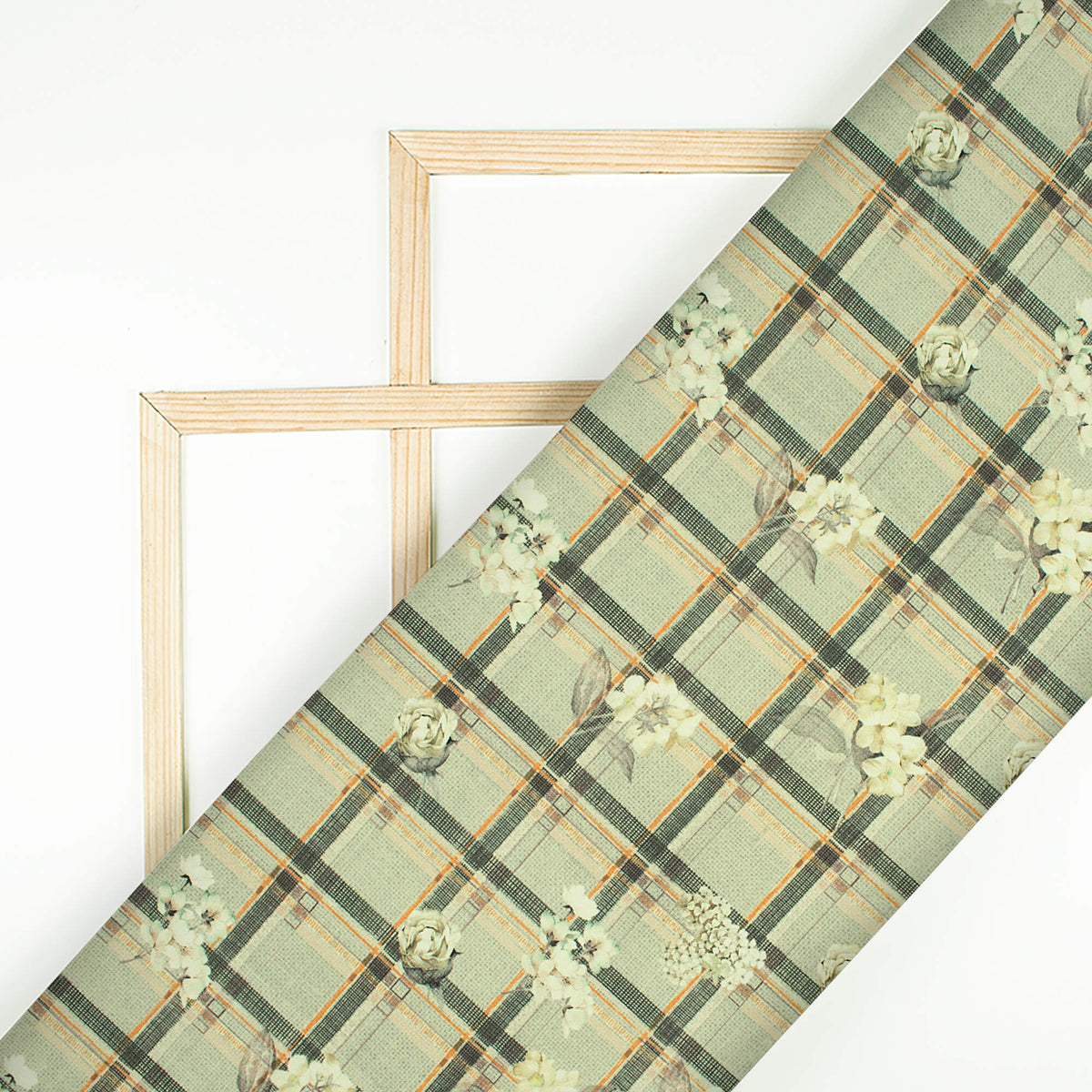 Sage Green And Cream Checks Pattern Digital Print BSY Crepe Fabric