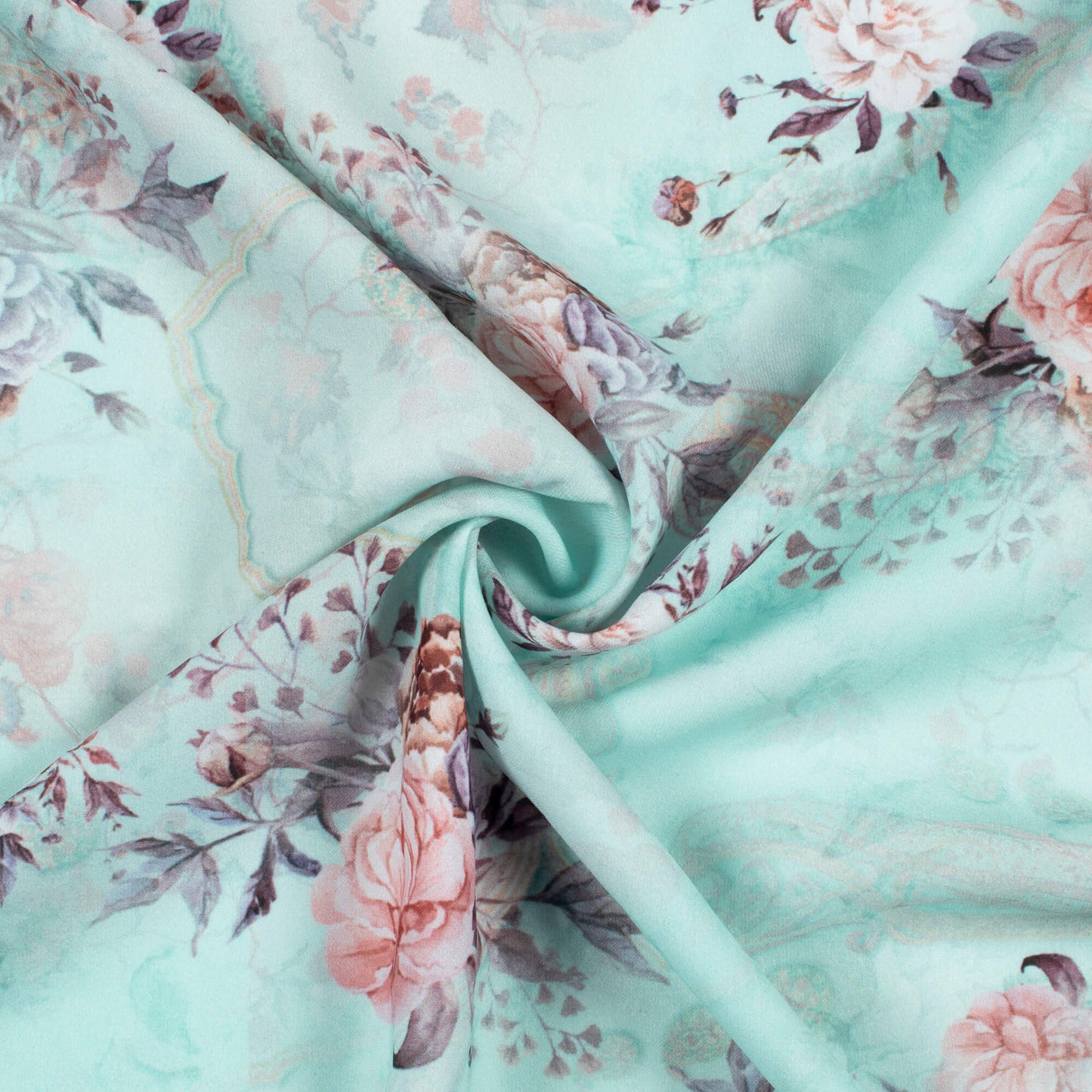 Baby Blue And Pale Pink Floral Pattern Digital Print BSY Crepe Fabric