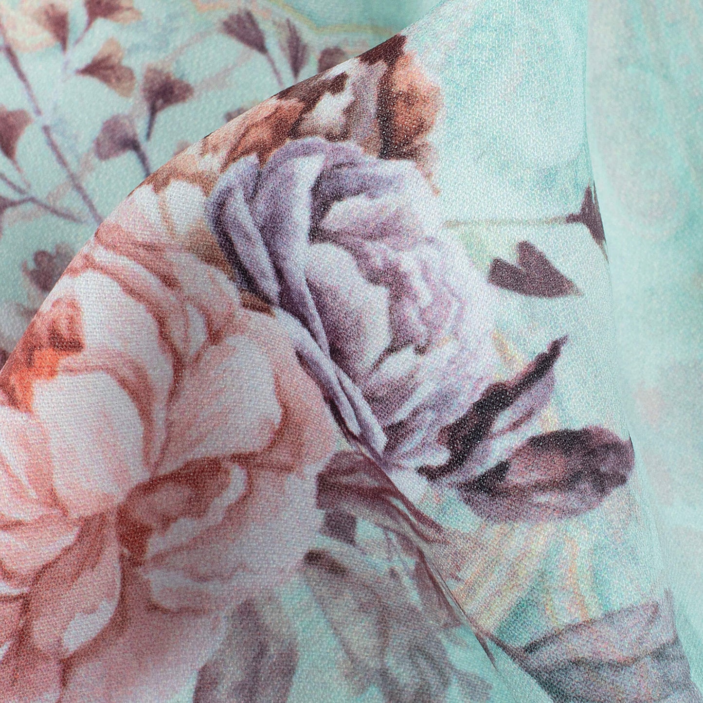 Baby Blue And Pale Pink Floral Pattern Digital Print BSY Crepe Fabric