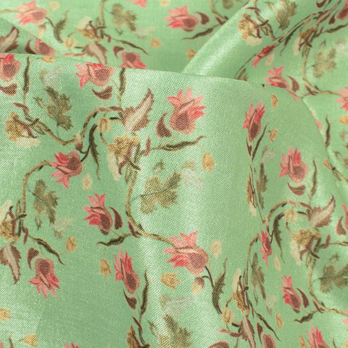 Paris Green And Rose Pink Floral Pattern Digital Print Flat Silk Fabric