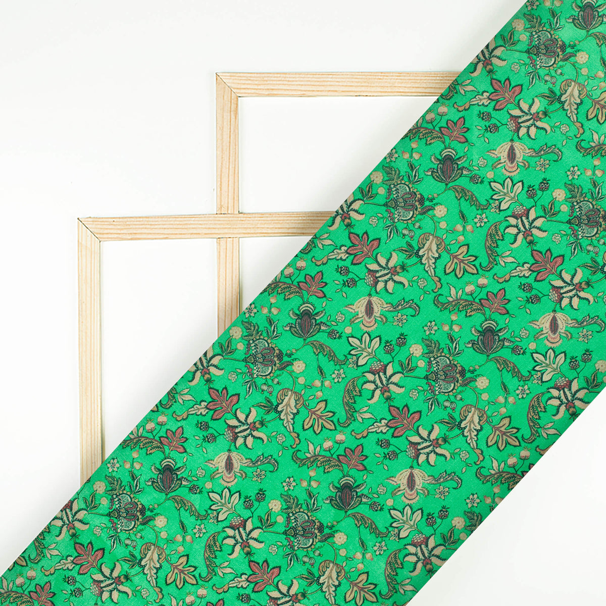Jade Green Floral Pattern Digital Print Flat Silk Fabric