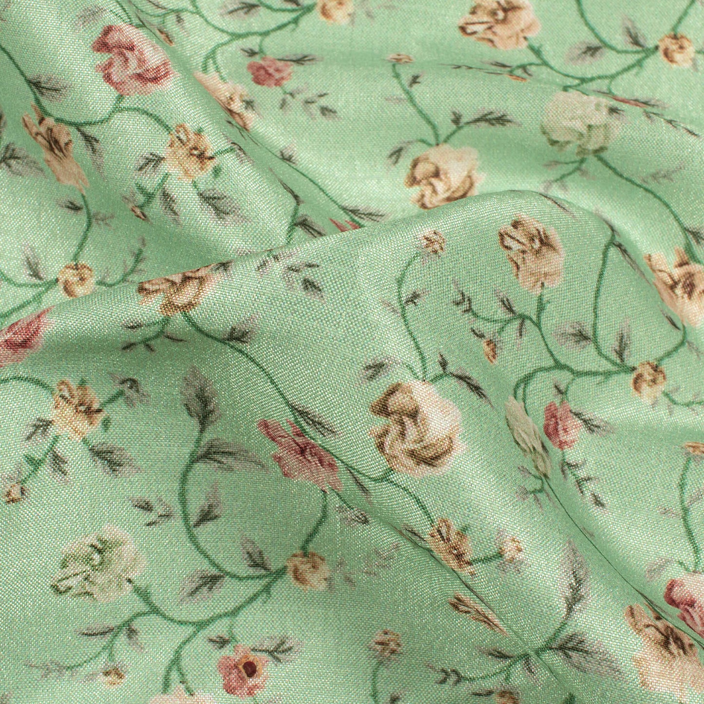 Mint Green And Peach Floral Pattern Digital Print Flat Silk Fabric