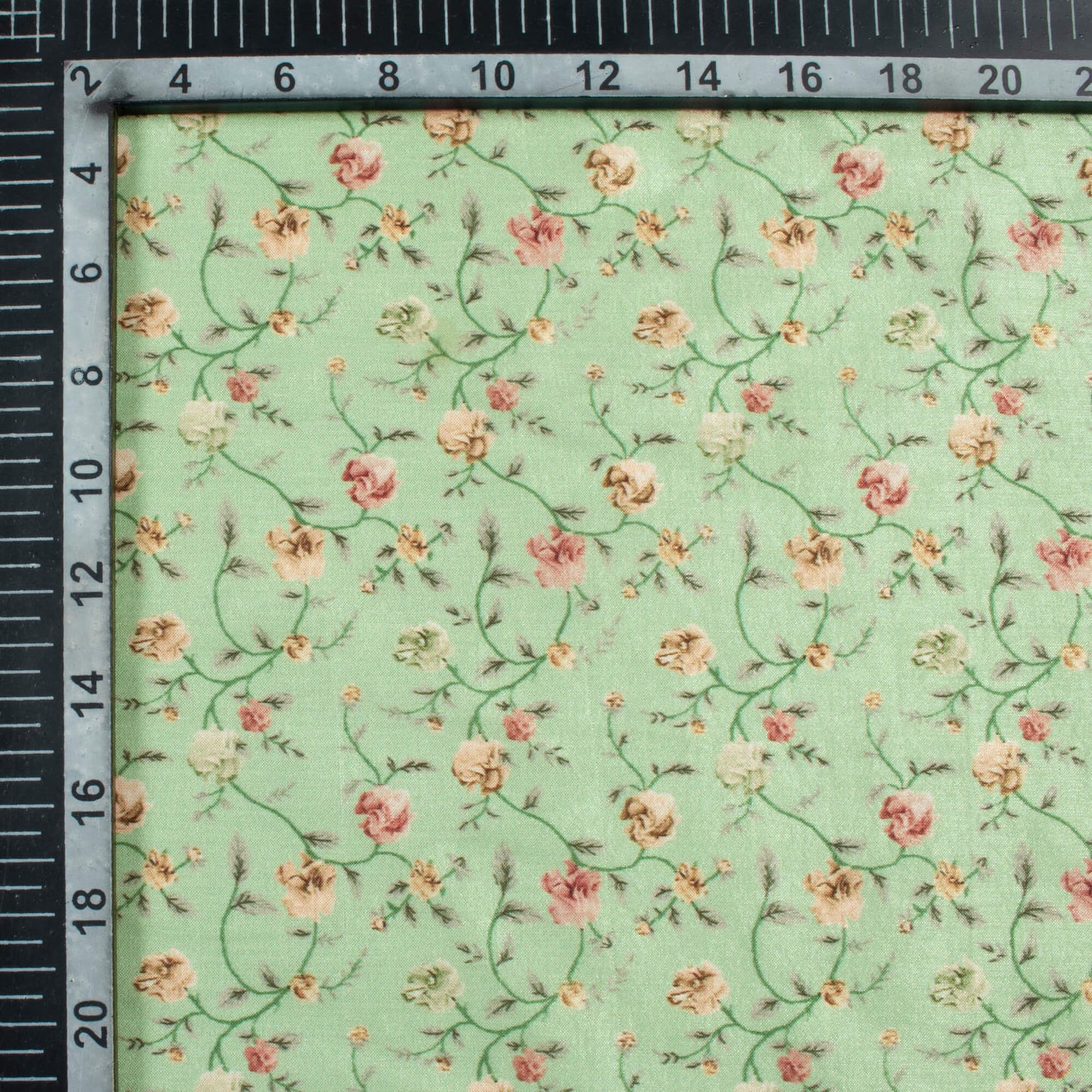 Mint Green And Peach Floral Pattern Digital Print Flat Silk Fabric