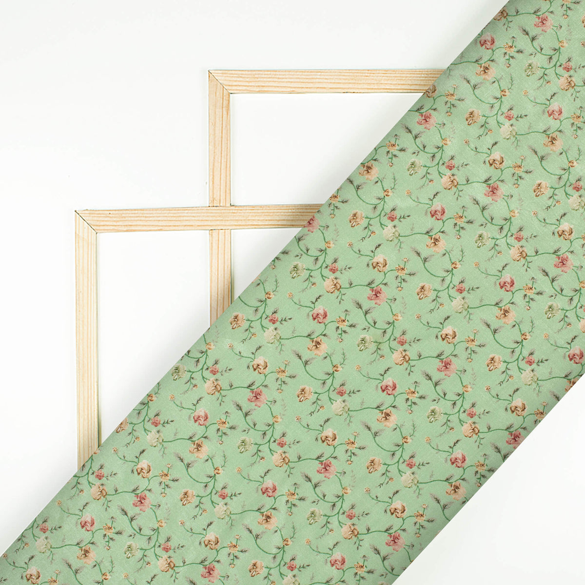Mint Green And Peach Floral Pattern Digital Print Flat Silk Fabric