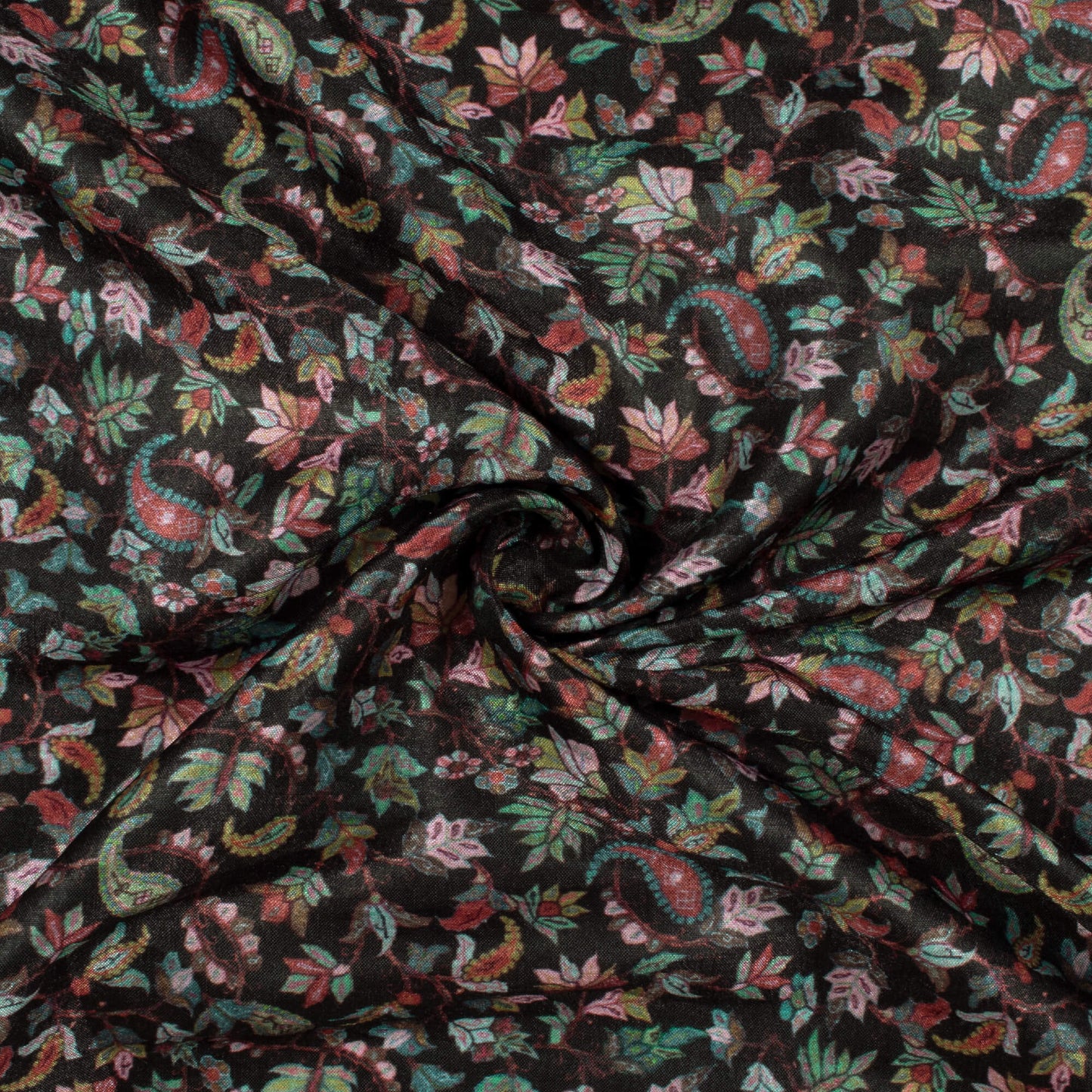 Black And Green Paisley Pattern Digital Print Flat Silk Fabric