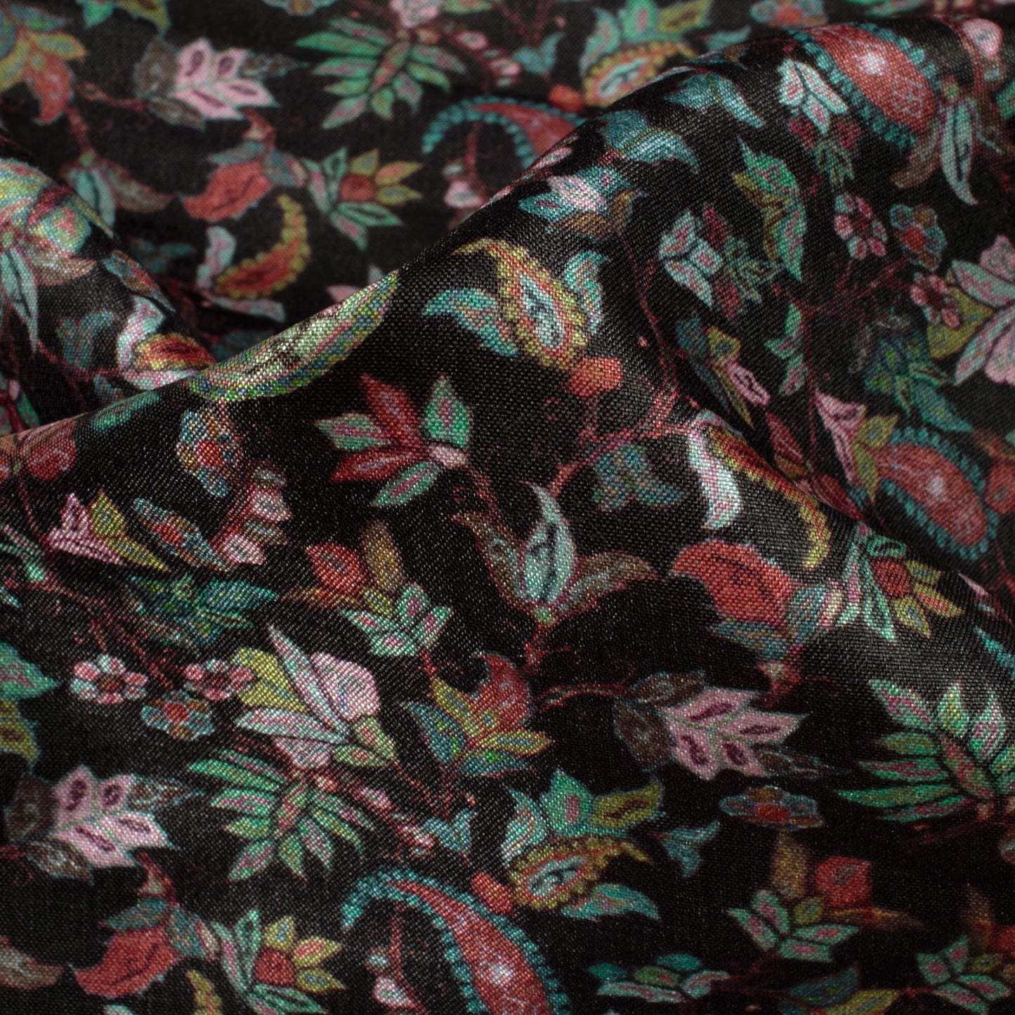 Black And Green Paisley Pattern Digital Print Flat Silk Fabric