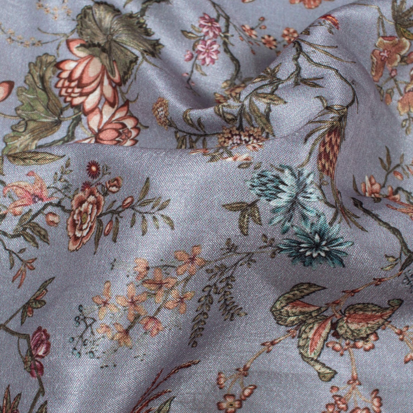 Shark Grey And Maroon Floral Pattern Digital Print Flat Silk Fabric